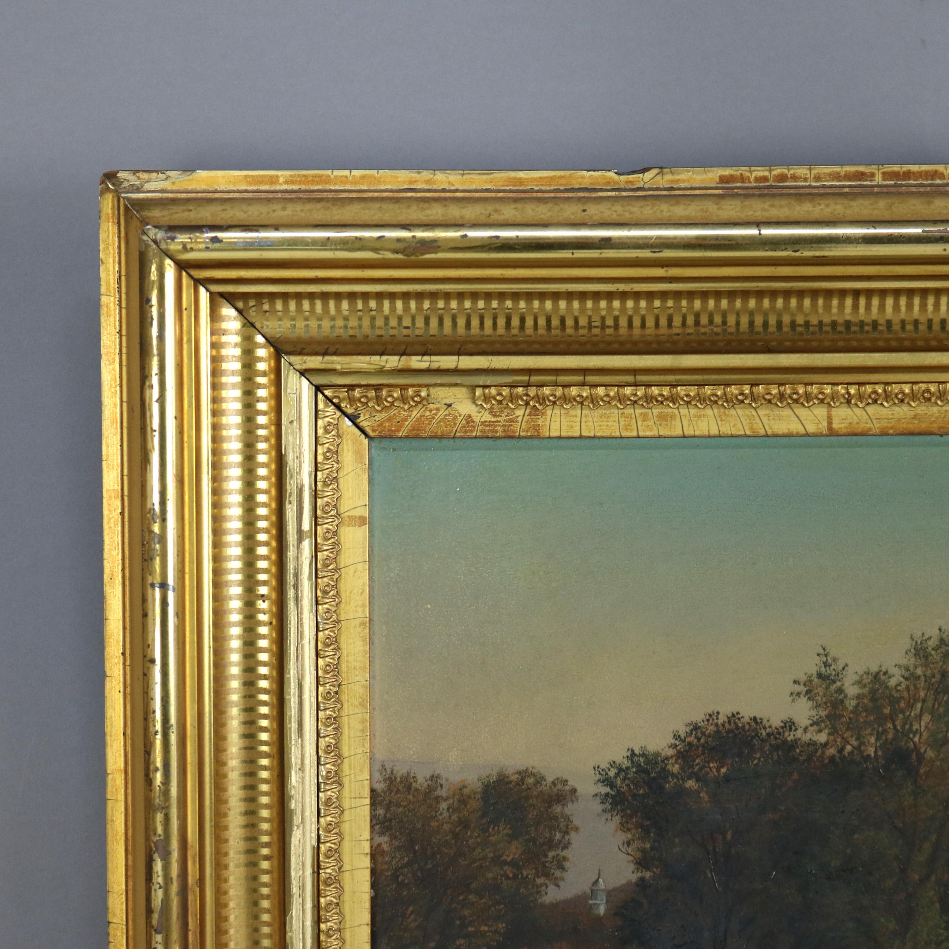 Thomas Chambers School Oil on Board Landscape Painting, Framed, C1850 For Sale 1
