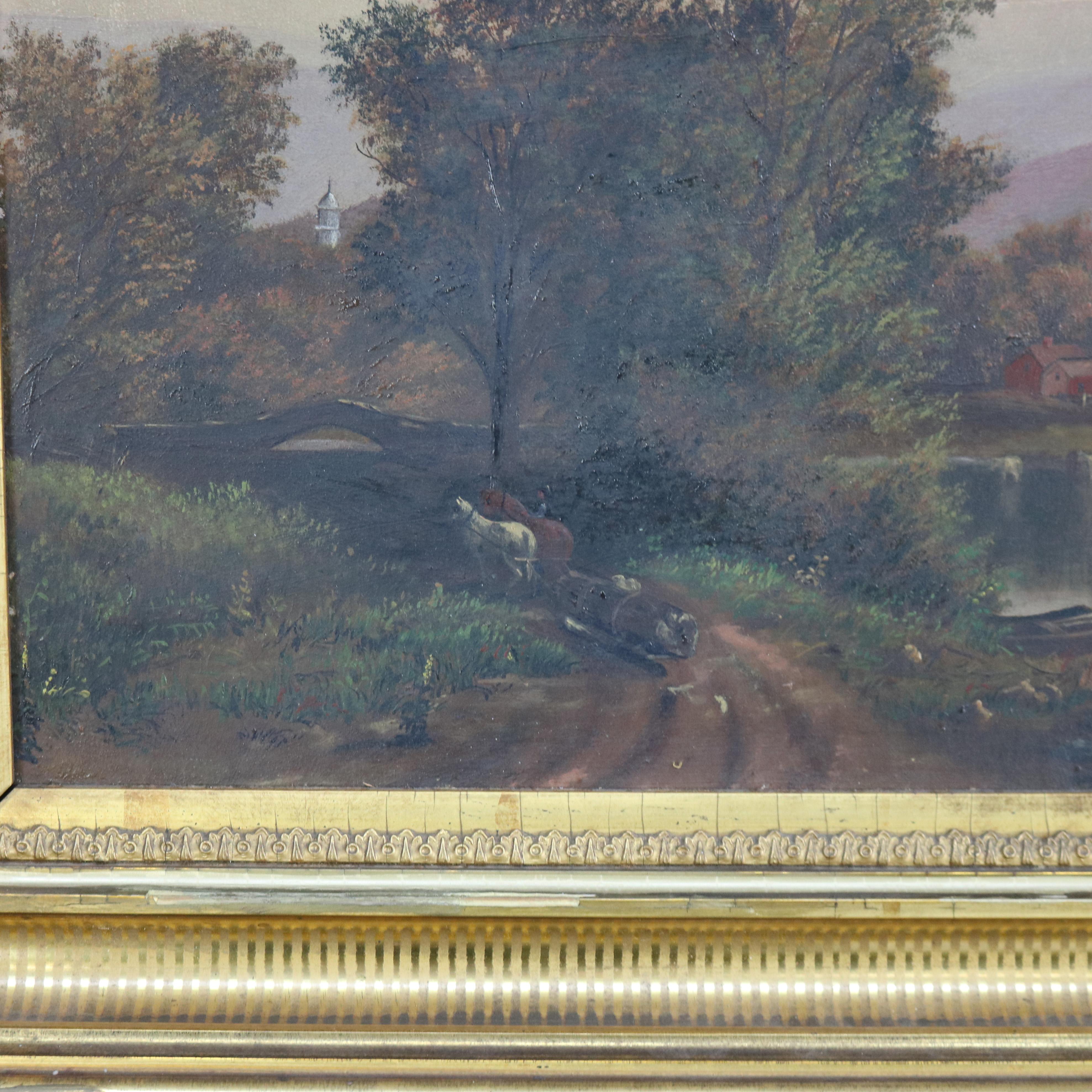 Thomas Chambers School Oil on Board Landscape Painting, Framed, C1850 For Sale 4