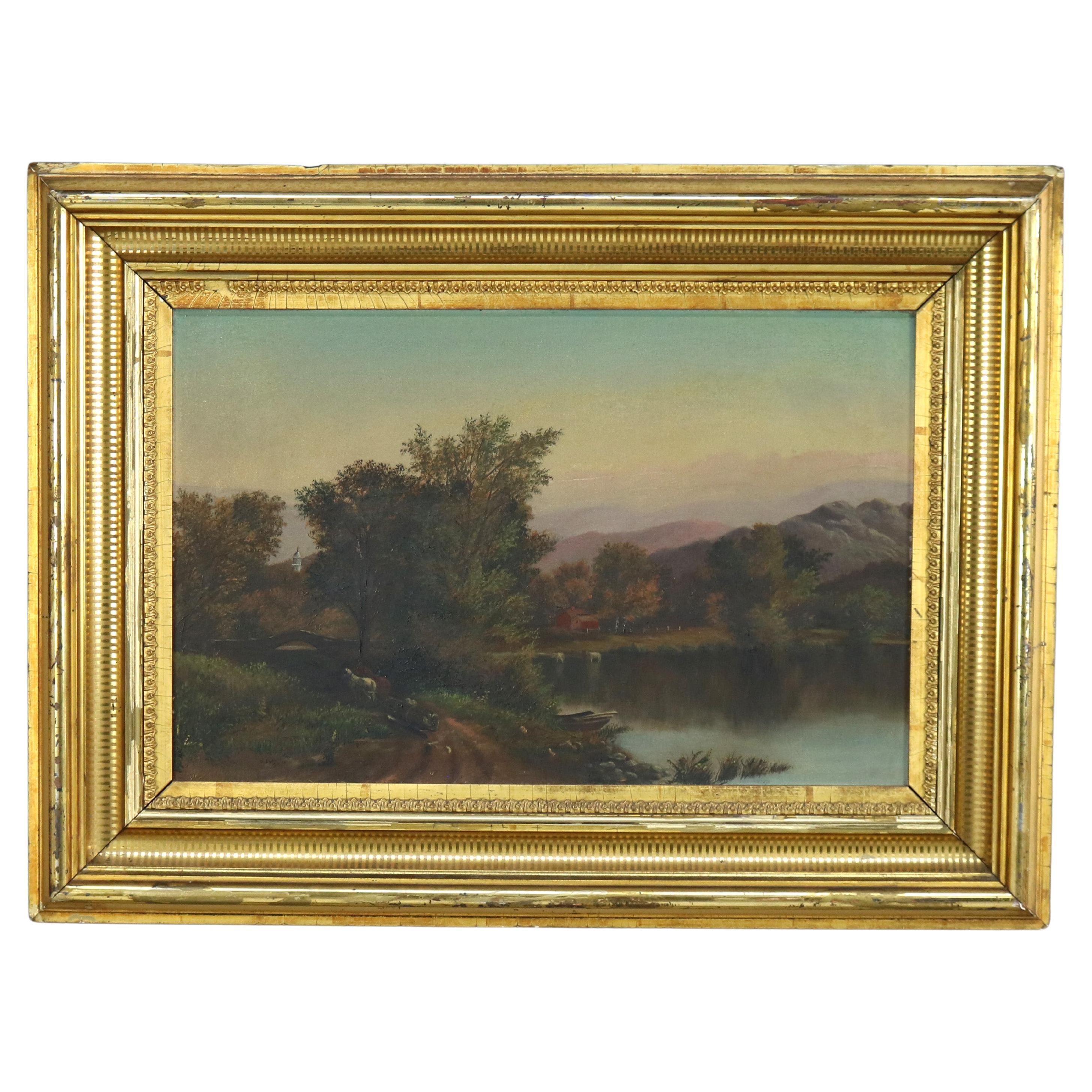 Thomas Chambers School Oil on Board Landscape Painting, Framed, C1850