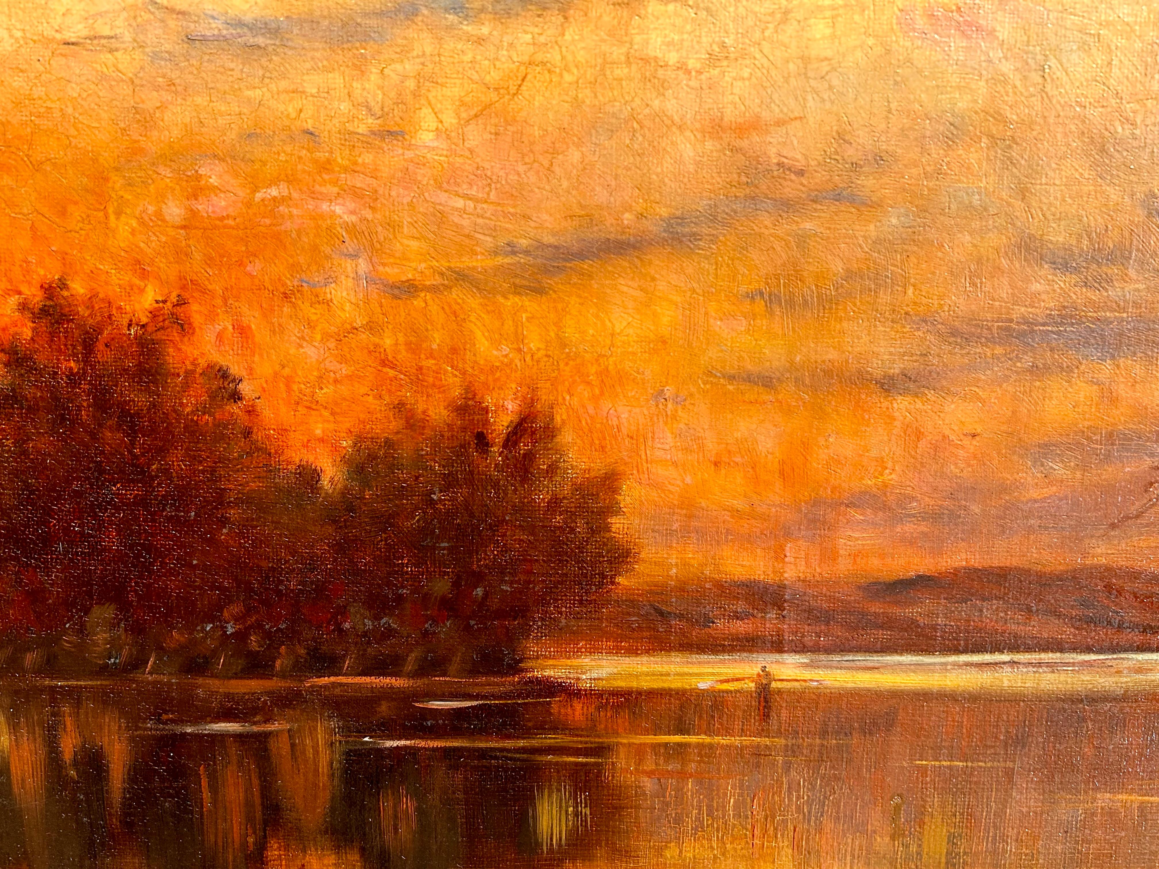 Paesaggio ad olio di acqua al tramonto - Painting Hudson River School di Thomas Charles Farrer
