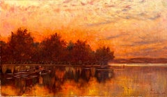 Paesaggio ad olio di acqua al tramonto