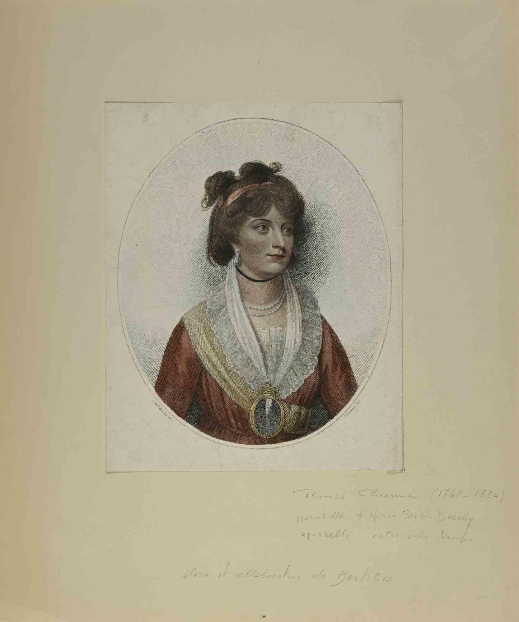 Portrait of a Lady is a beautiful etching on paper, realized by the English artist  Thomas Cheesman (1760 - 1834). 

Signed on plate on the right corner, the watercolor etching is d'après Sir W. Beechy .

The work is glued on cardboard. Total
