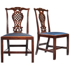 Thomas Chippendale 18th Century Mahogany Side Chairs with Blue Cushions