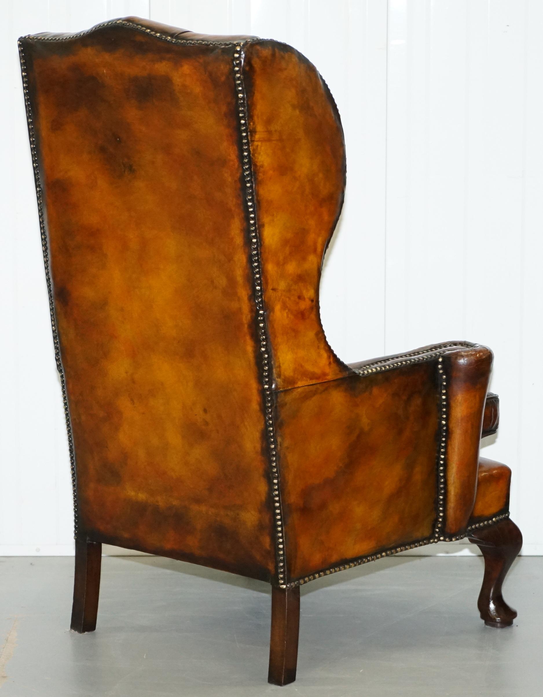 Thomas Chippendale Chesterfield Victorian Wingback Armchairs Brown Leather, Pair 3