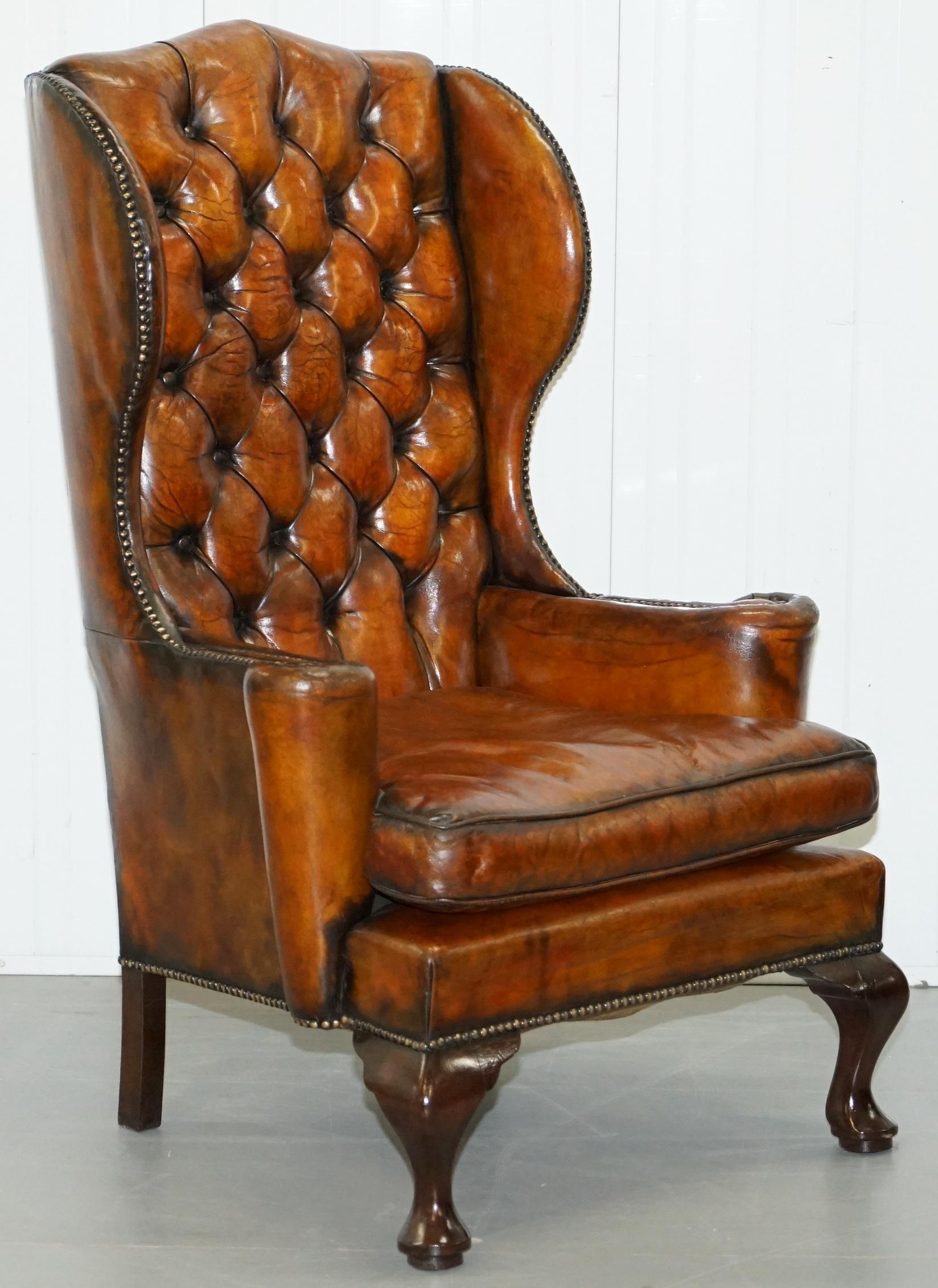 Thomas Chippendale Chesterfield Victorian Wingback Armchairs Brown Leather, Pair 5