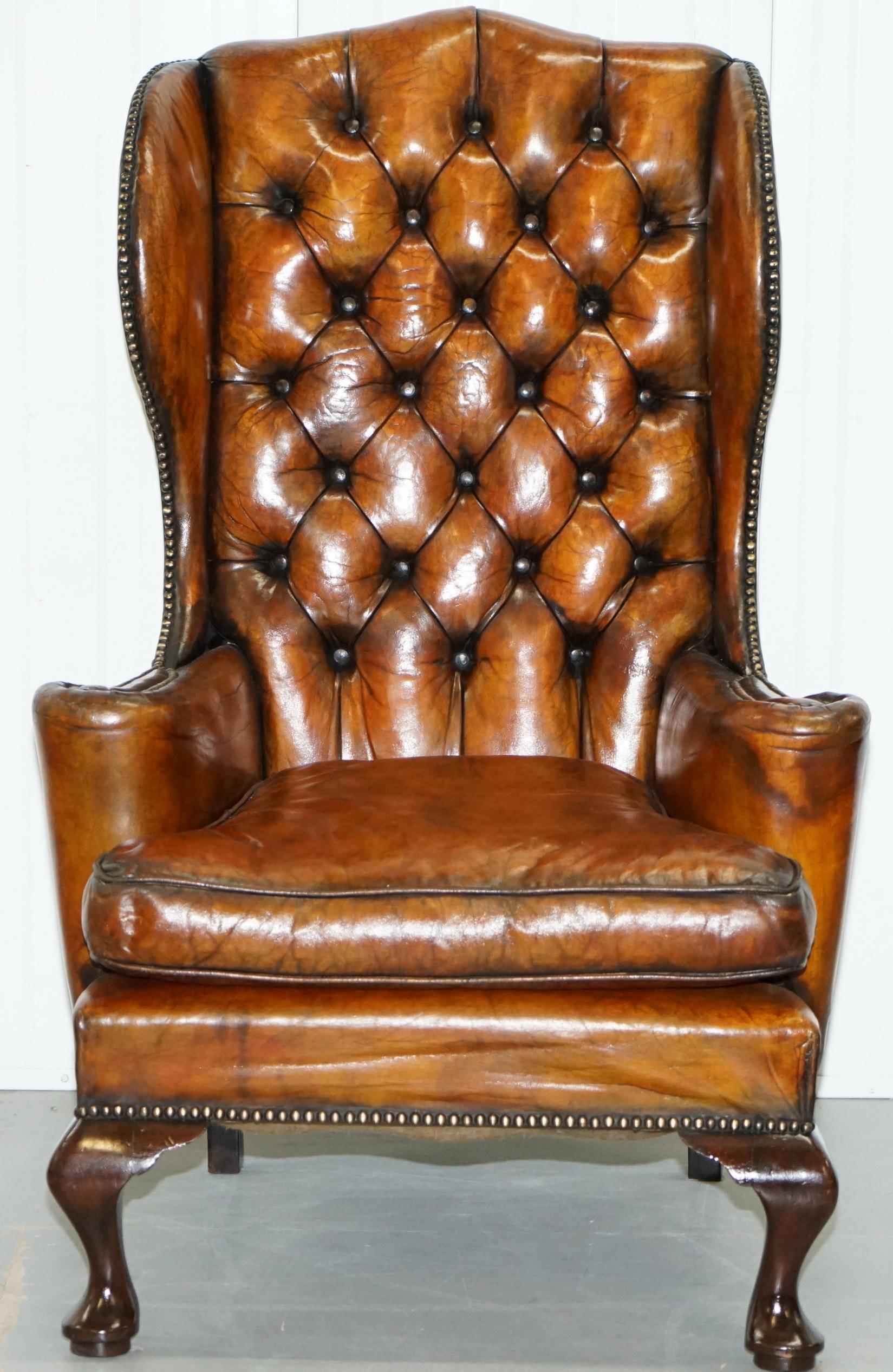 Thomas Chippendale Chesterfield Victorian Wingback Armchairs Brown Leather, Pair 6