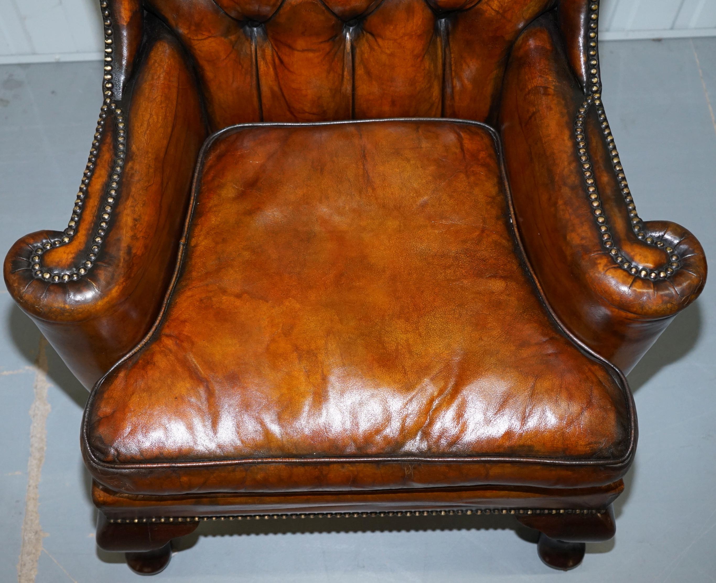 Thomas Chippendale Chesterfield Victorian Wingback Armchairs Brown Leather, Pair 7