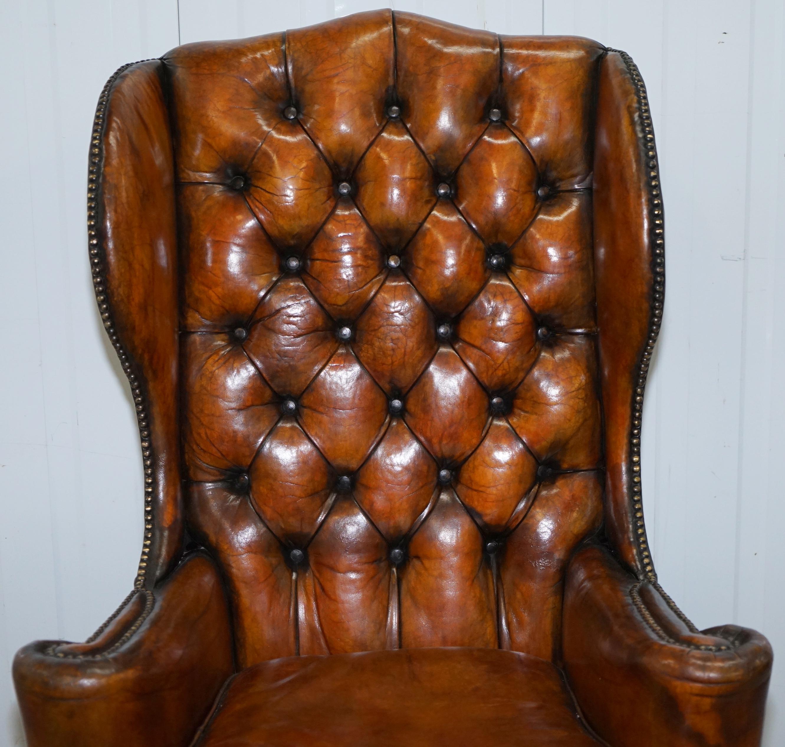 Thomas Chippendale Chesterfield Victorian Wingback Armchairs Brown Leather, Pair 10