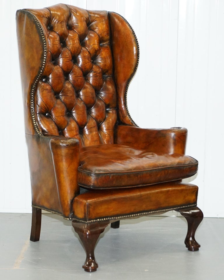 Thomas Chippendale Chesterfield Victorian Wingback Armchairs Brown Leather, Pair at 1stDibs