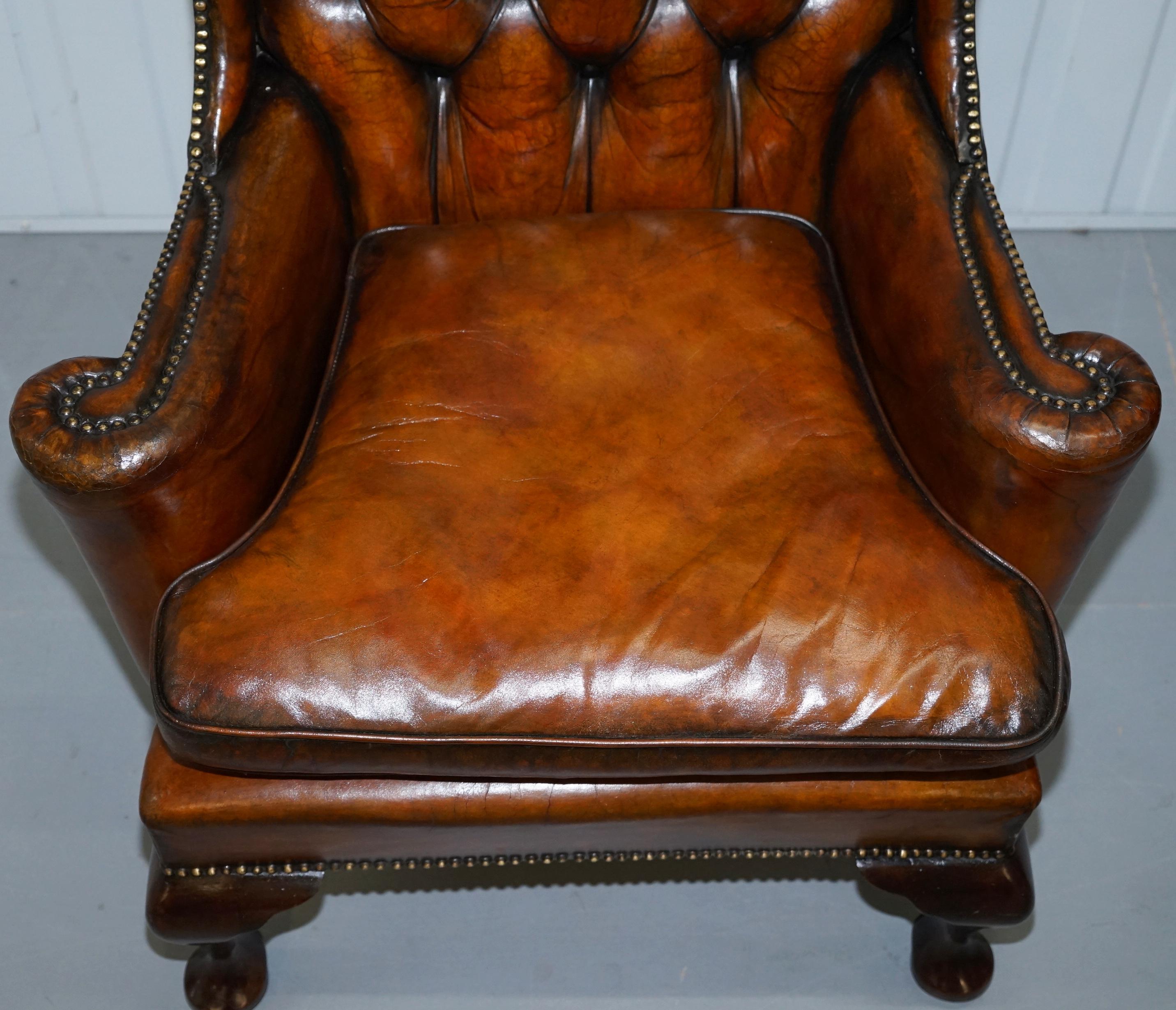 Hand-Crafted Thomas Chippendale Chesterfield Victorian Wingback Armchairs Brown Leather, Pair