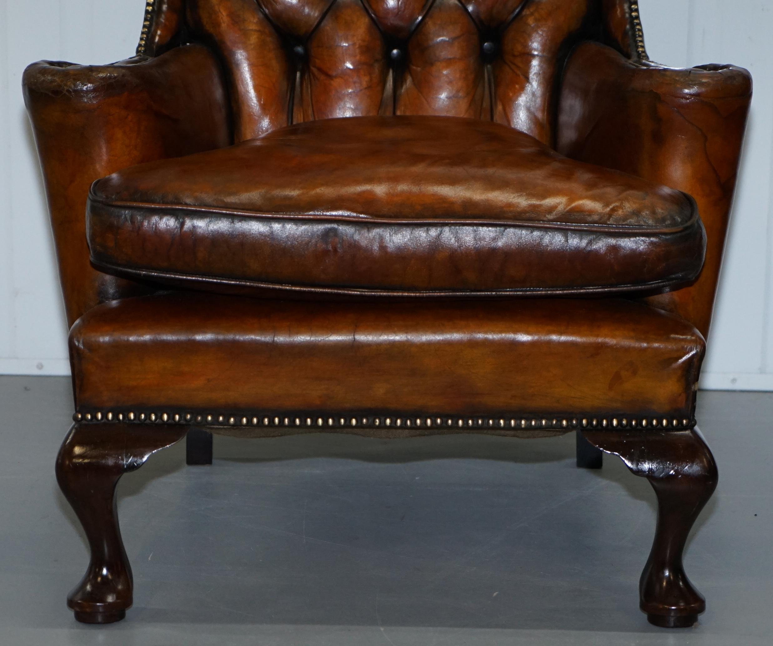 Thomas Chippendale Chesterfield Victorian Wingback Armchairs Brown Leather, Pair 1