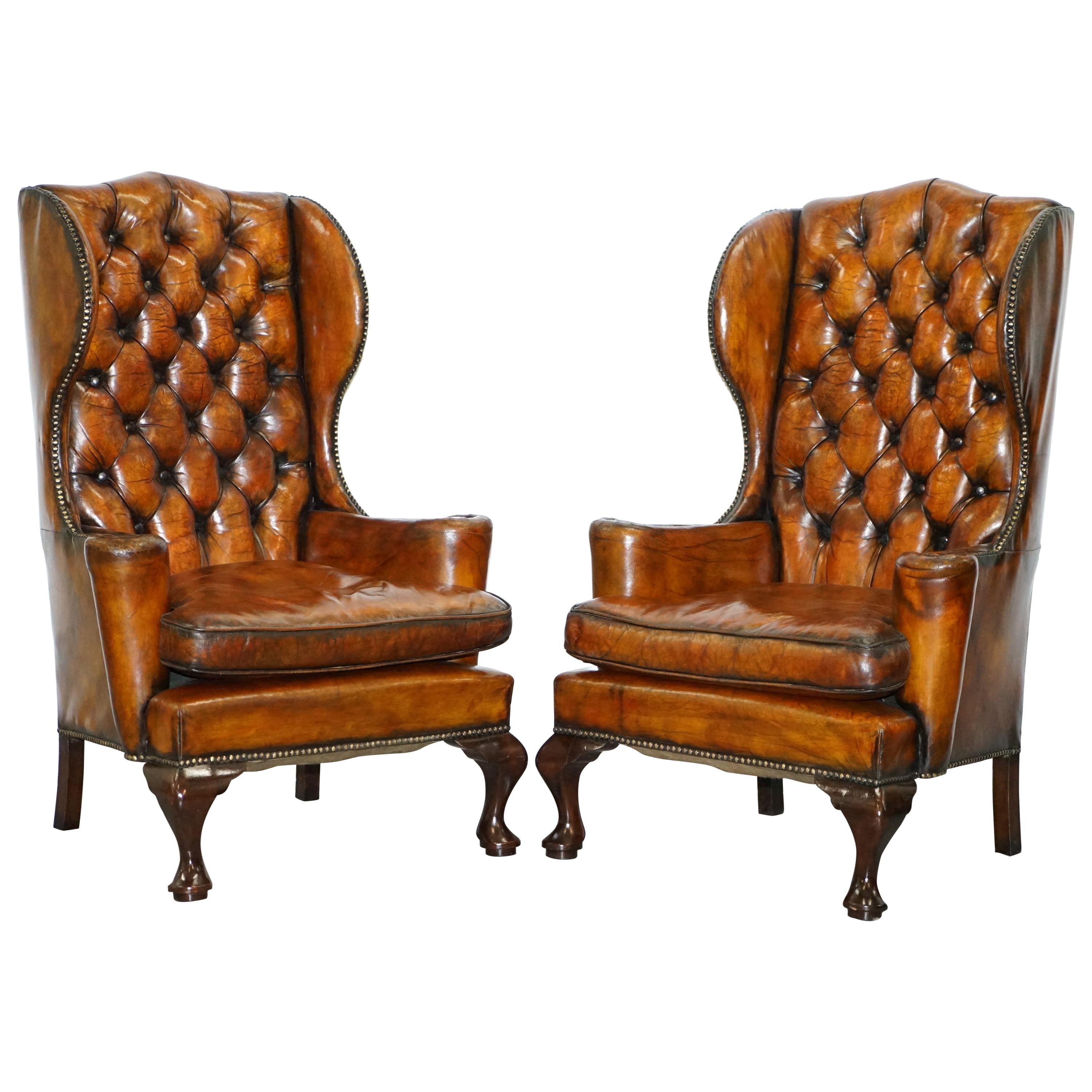 Thomas Chippendale Chesterfield Victorian Wingback Armchairs Brown Leather, Pair