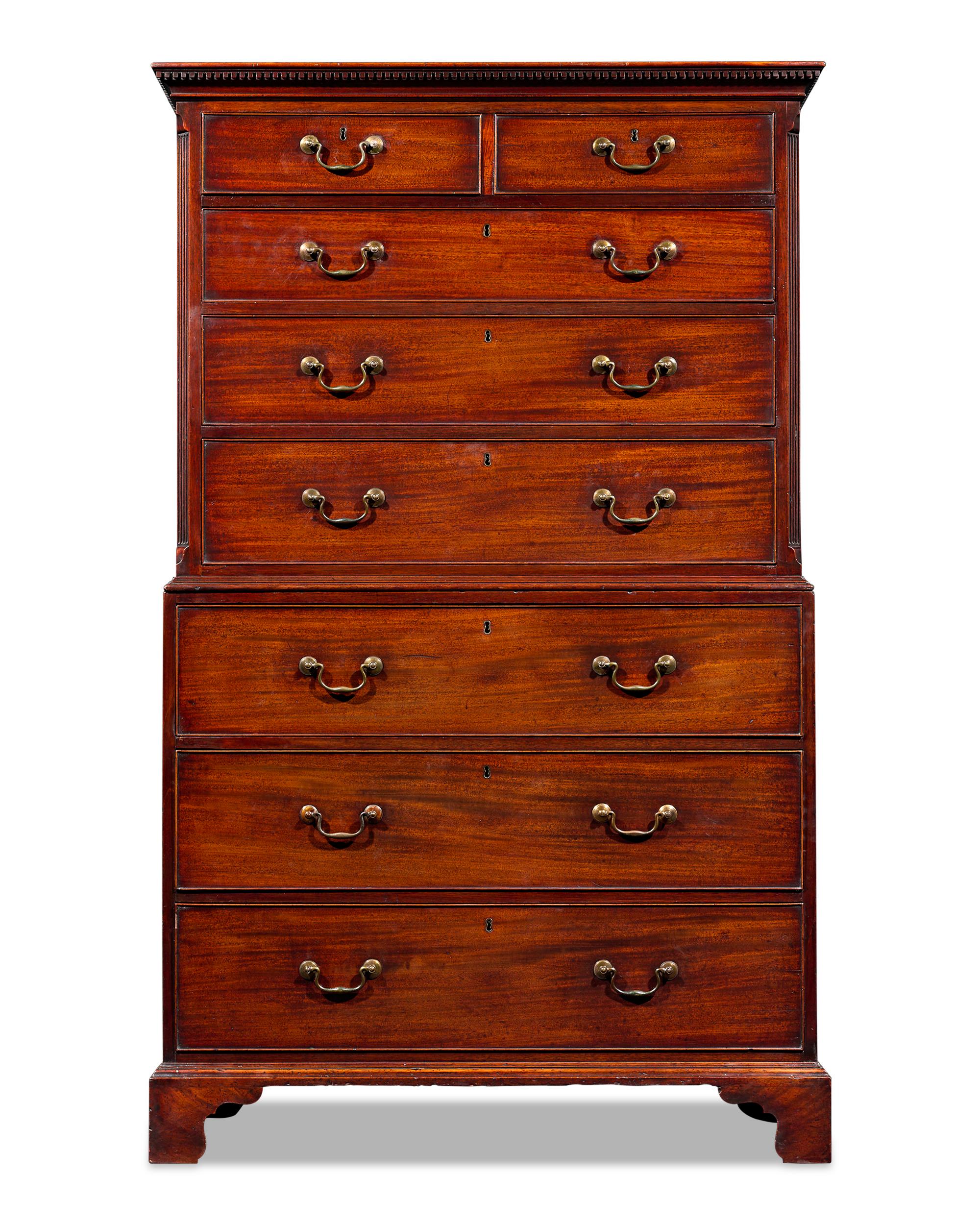 Furniture created by the exalted Thomas Chippendale is distinguished by a signature blend of spectacular artistry, materials and design, and this chest on chest is no exception. Brilliant lines, perfect proportion and overall commanding workmanship