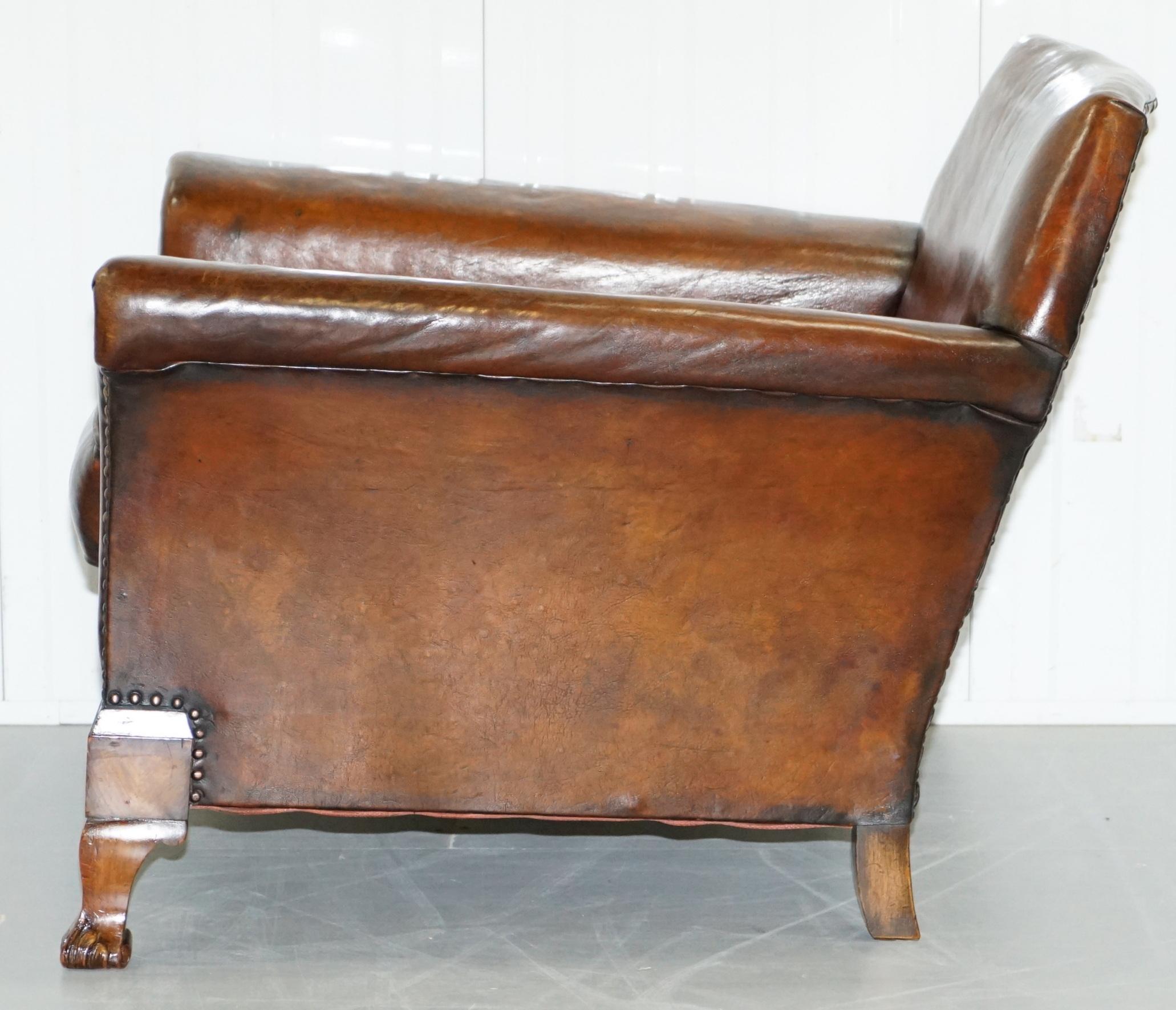 Thomas Chippendale Marquetry Walnut Inlay Brown Leather Sofa & Armchairs Suite 3