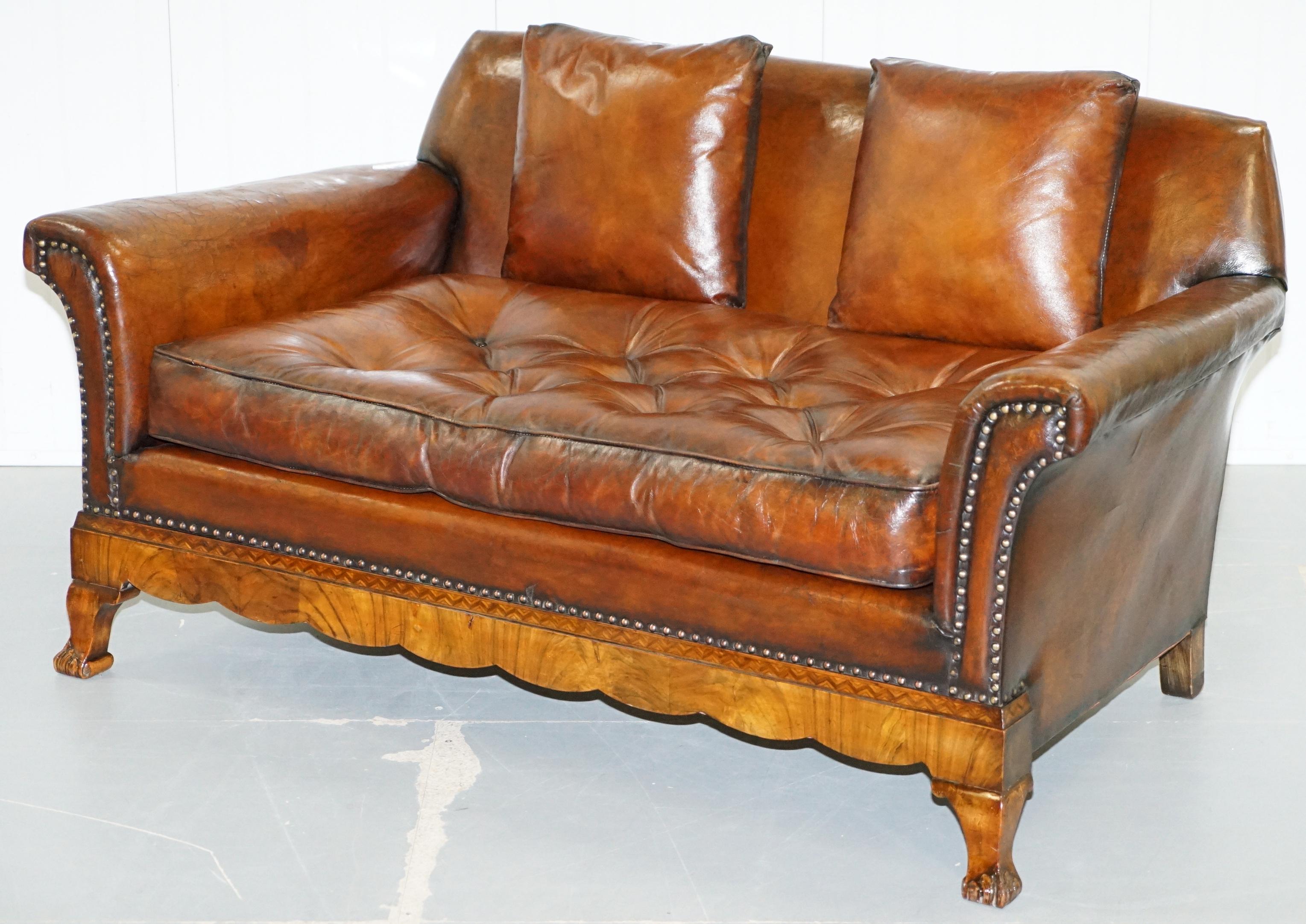 Thomas Chippendale Marquetry Walnut Inlay Brown Leather Sofa & Armchairs Suite 4