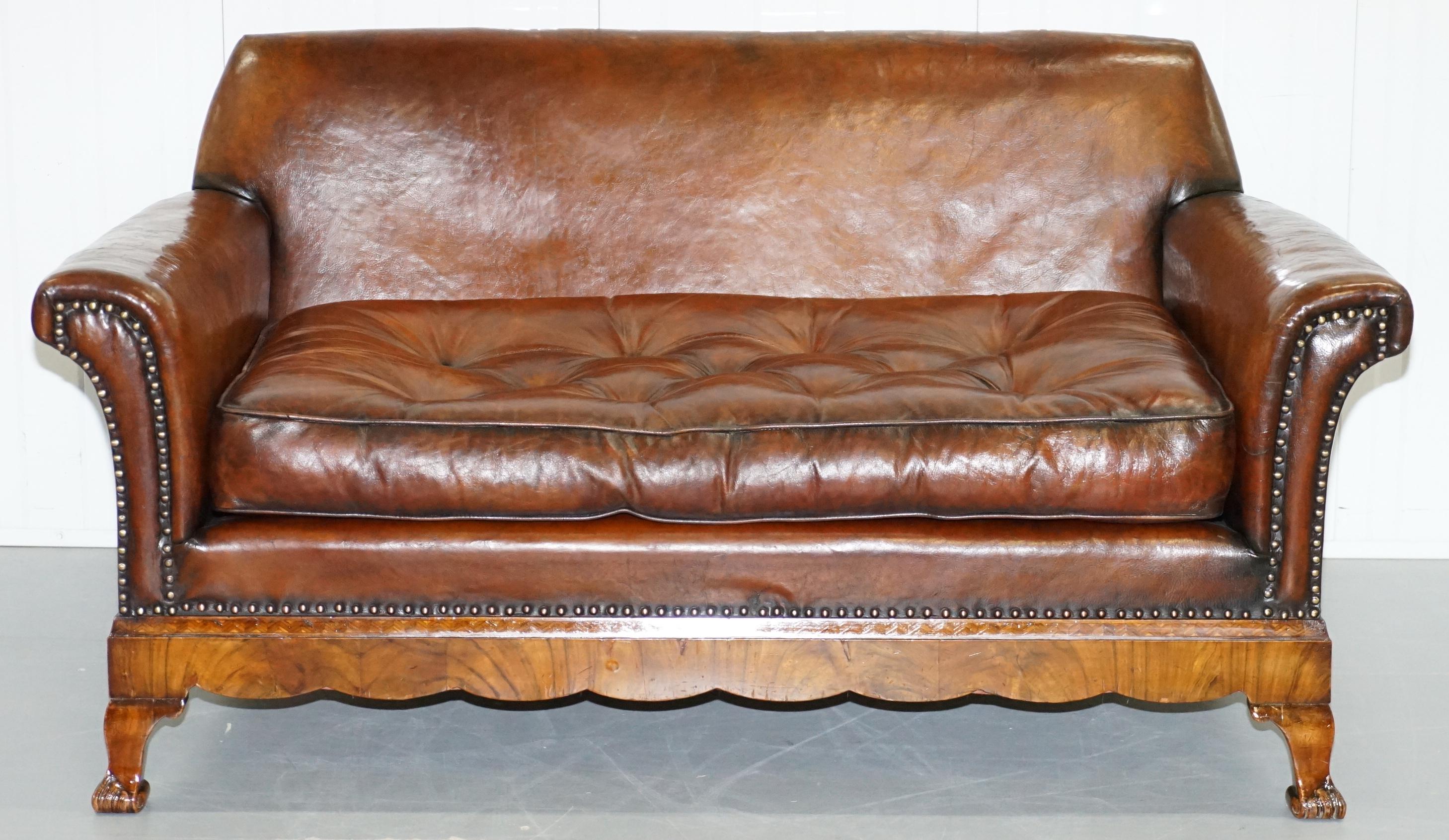 Thomas Chippendale Marquetry Walnut Inlay Brown Leather Sofa & Armchairs Suite 6
