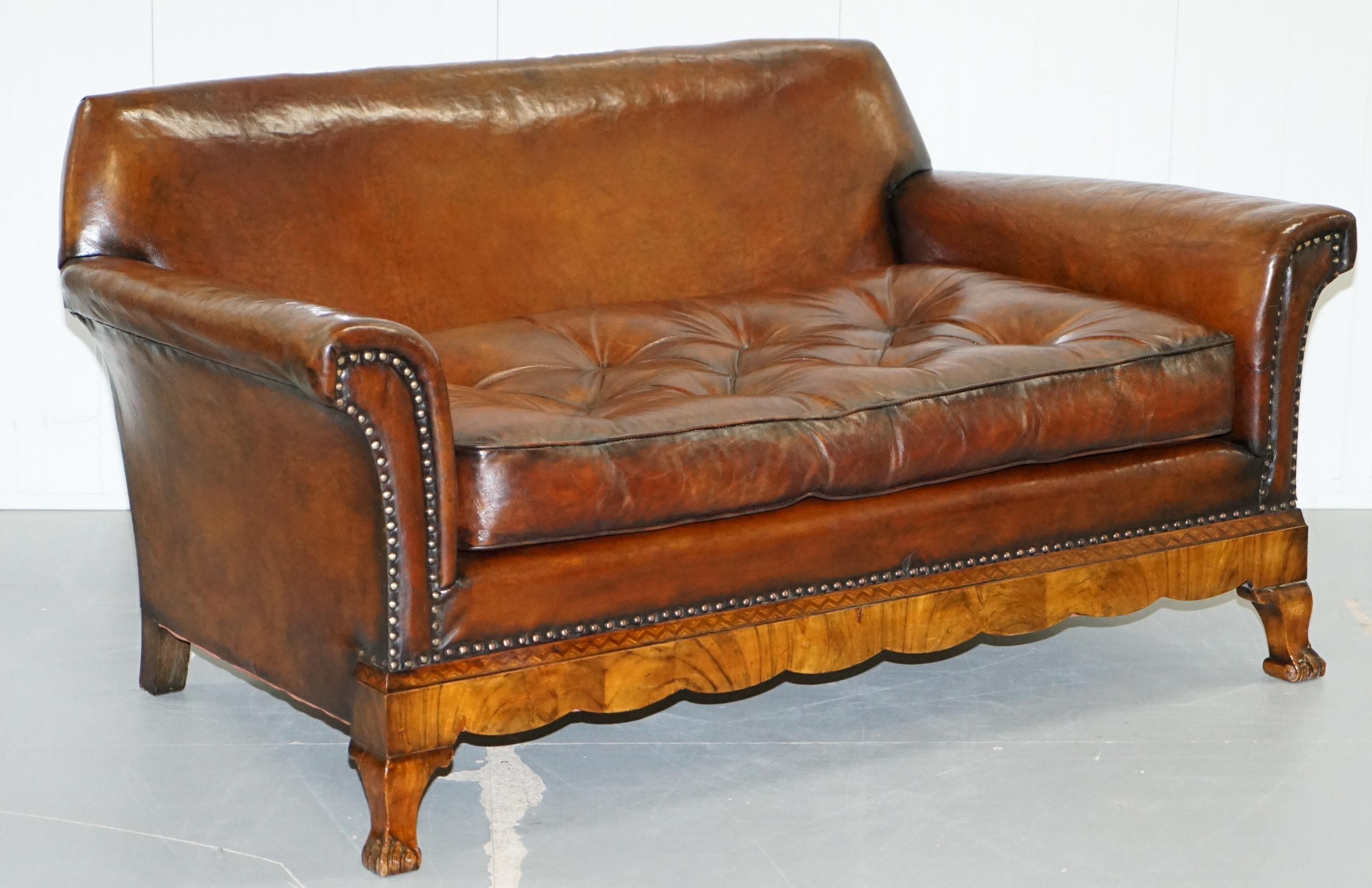 Thomas Chippendale Marquetry Walnut Inlay Brown Leather Sofa & Armchairs Suite 6