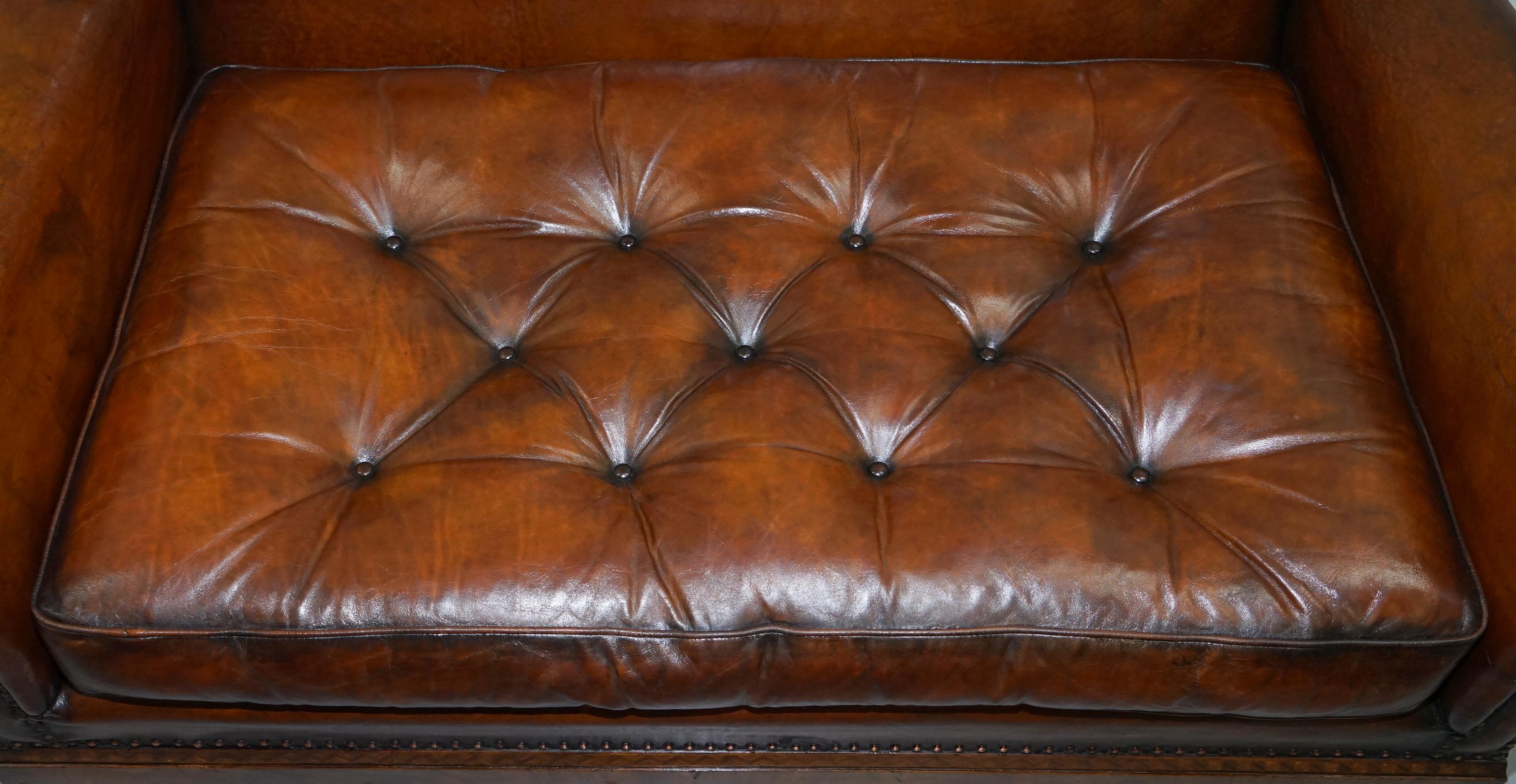 Thomas Chippendale Marquetry Walnut Inlay Brown Leather Sofa & Armchairs Suite 9