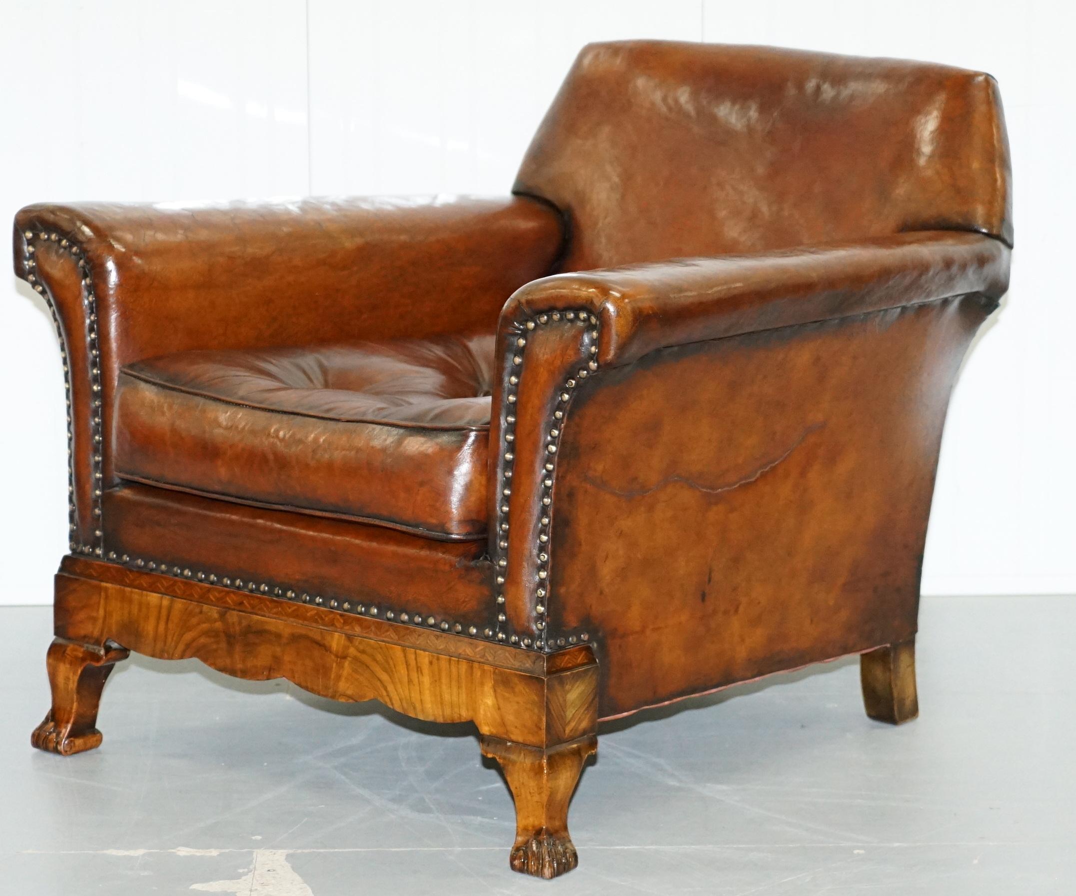 We are delighted to offer for sale this stunning very rare fully restored cigar brown leather Gentleman's club suite with Thomas Chippendale floating button cushions and marquetry inlaid walnut legs 

Where to begin! This suite is absolute eye