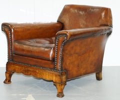 Thomas Chippendale Marquetry Walnut Inlay Brown Leather Sofa & Armchairs Suite