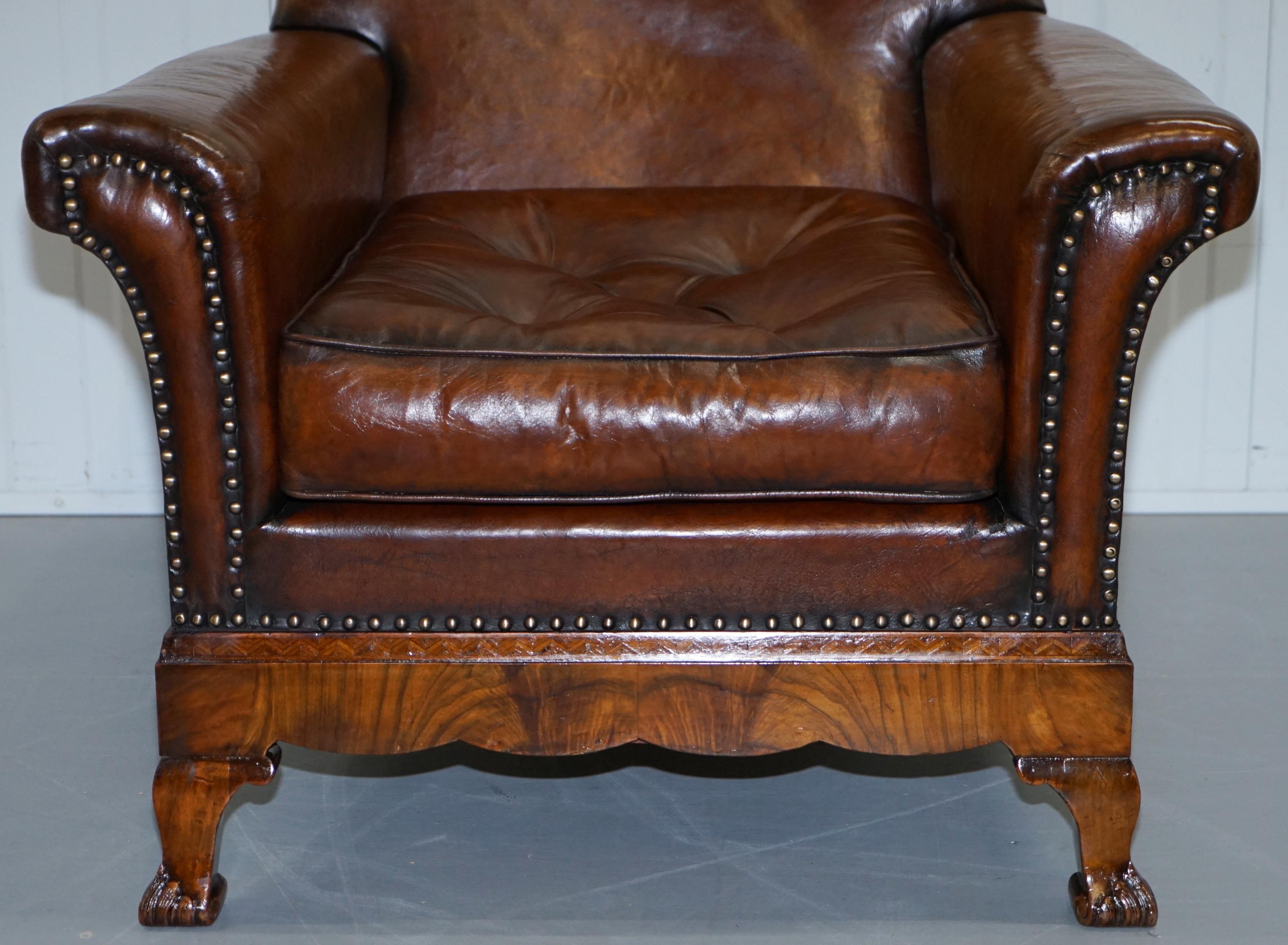 Victorian Thomas Chippendale Marquetry Walnut Inlay Brown Leather Sofa & Armchairs Suite