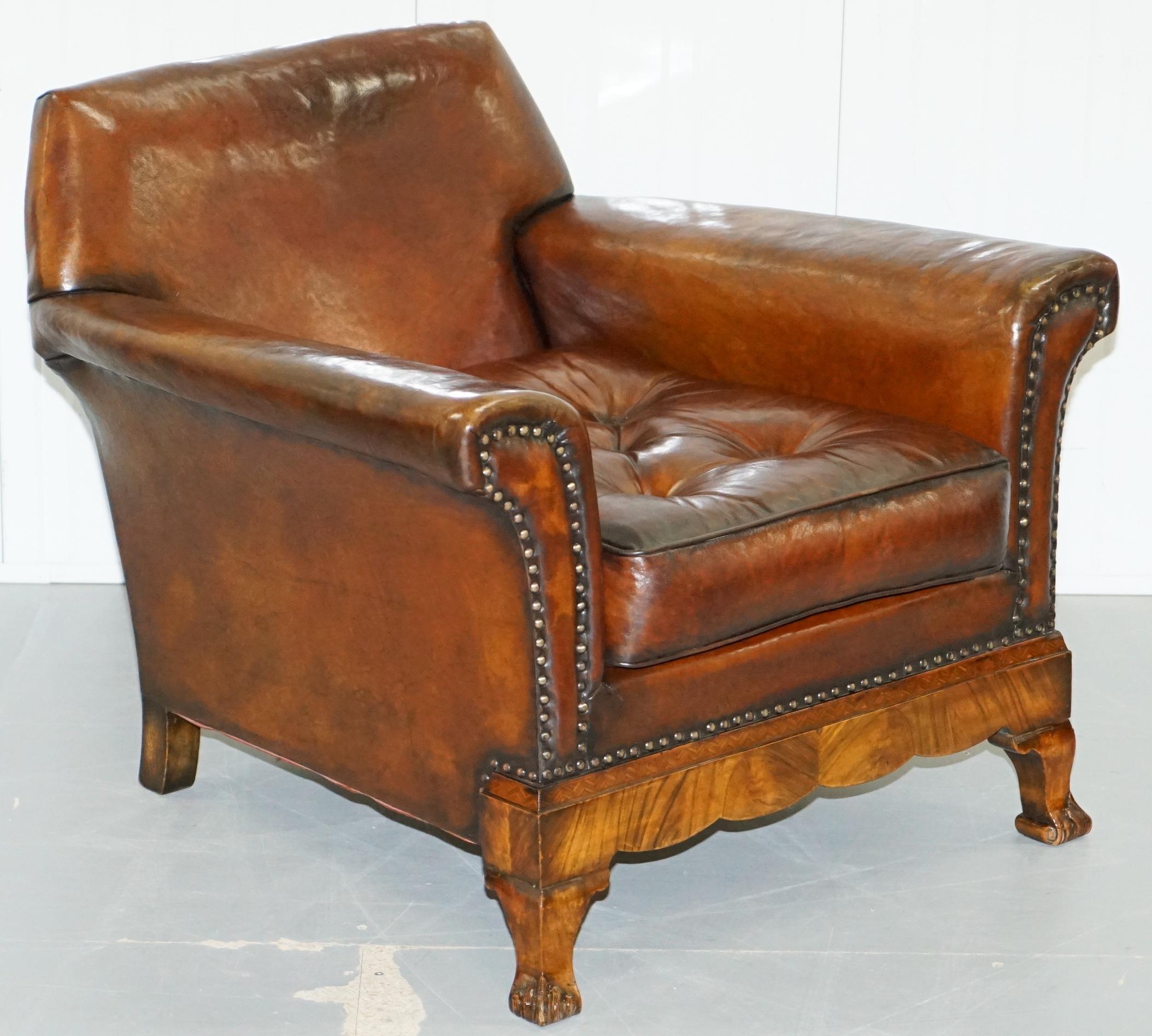 Hand-Carved Thomas Chippendale Marquetry Walnut Inlay Brown Leather Sofa & Armchairs Suite