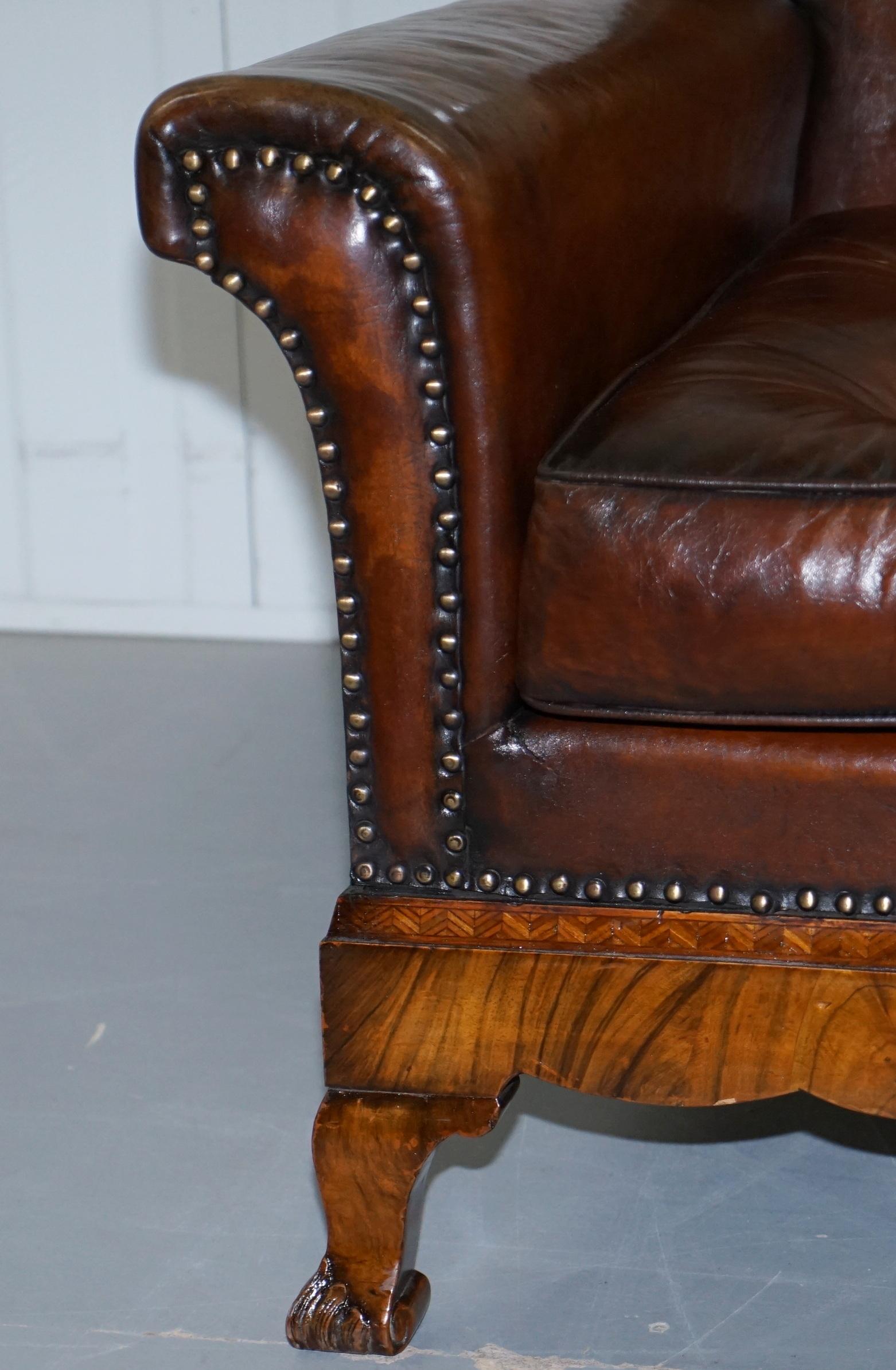 19th Century Thomas Chippendale Marquetry Walnut Inlay Brown Leather Sofa & Armchairs Suite