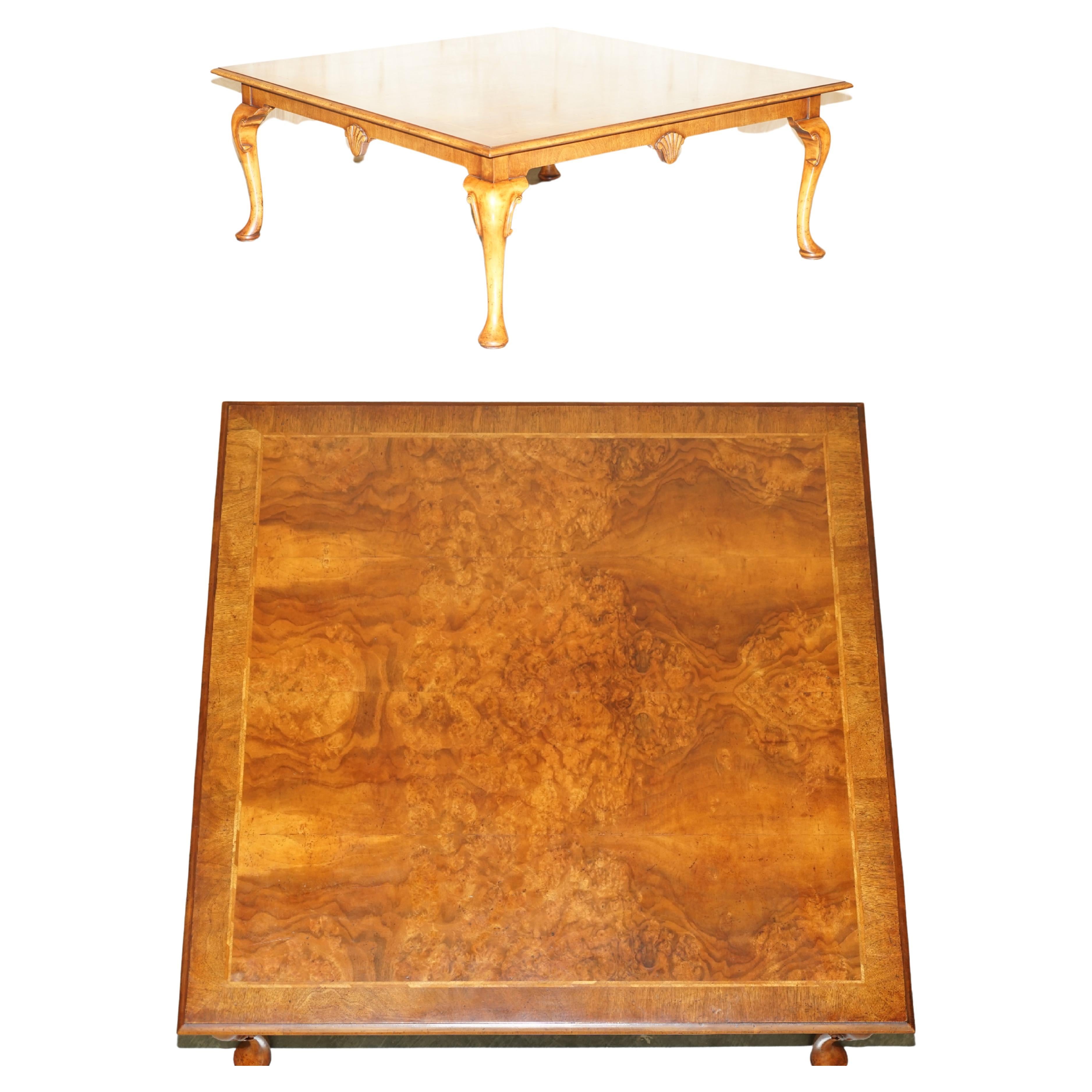 Thomas Chippendale Style Burr Walnut Coffee Table Elegant Long Cabriolet Legs For Sale