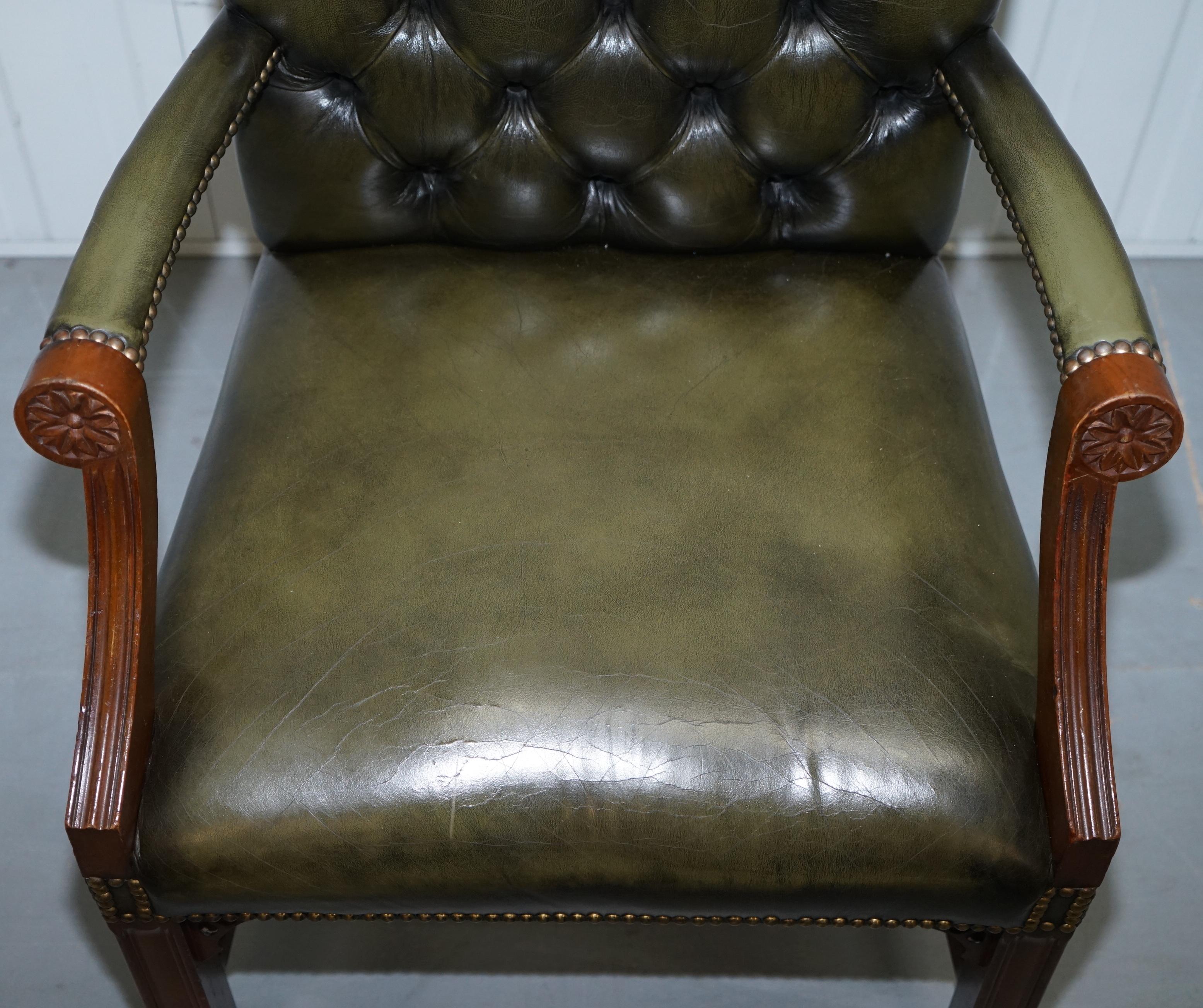 Thomas Chippendale Style Green Leather Chesterfield Gainsborough Carver Armchair 5