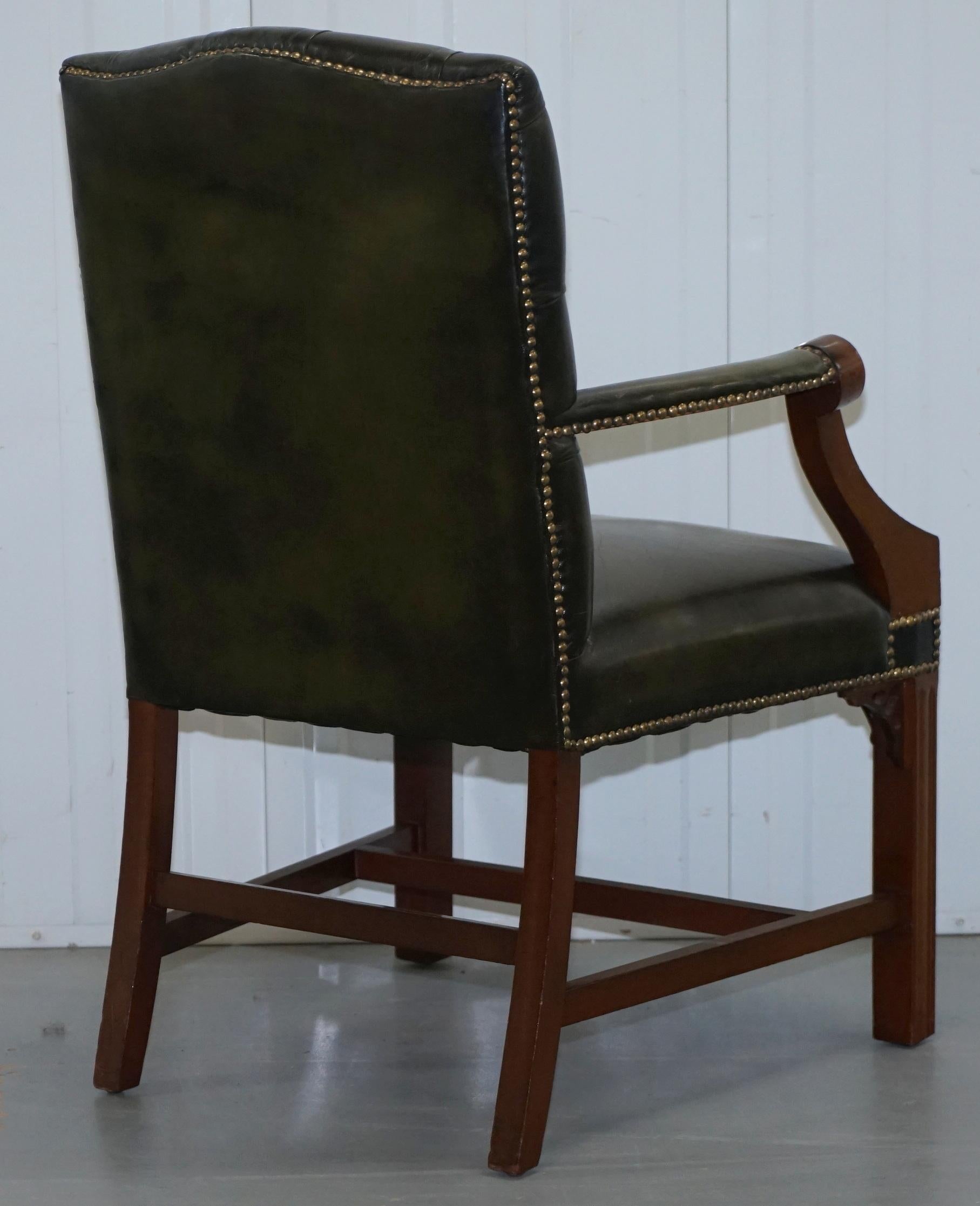 Thomas Chippendale Style Green Leather Chesterfield Gainsborough Carver Armchair 6