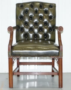 Thomas Chippendale Style Green Leather Chesterfield Gainsborough Carver Armchair
