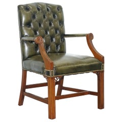 Thomas Chippendale Style Green Leather Chesterfield Gainsborough Carver Armchair