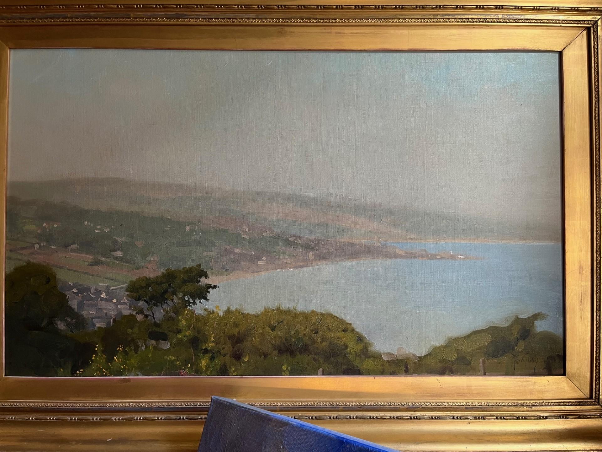 Newlyn Bay Cornwall, hazy sunshine with the sea, town, hills in view large oil For Sale 1