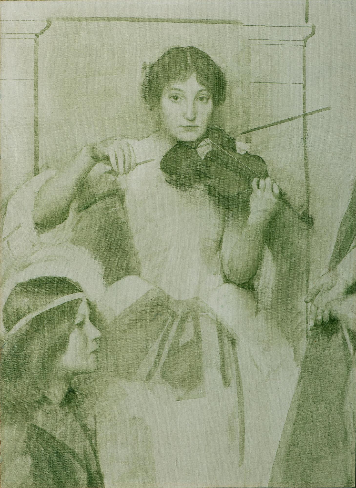 Thomas Cooper Gotch Portrait Painting – Study of the Violinist for Holy Motherhood, vorraffaelitische Malerei, Newlyn-Schule, Öl