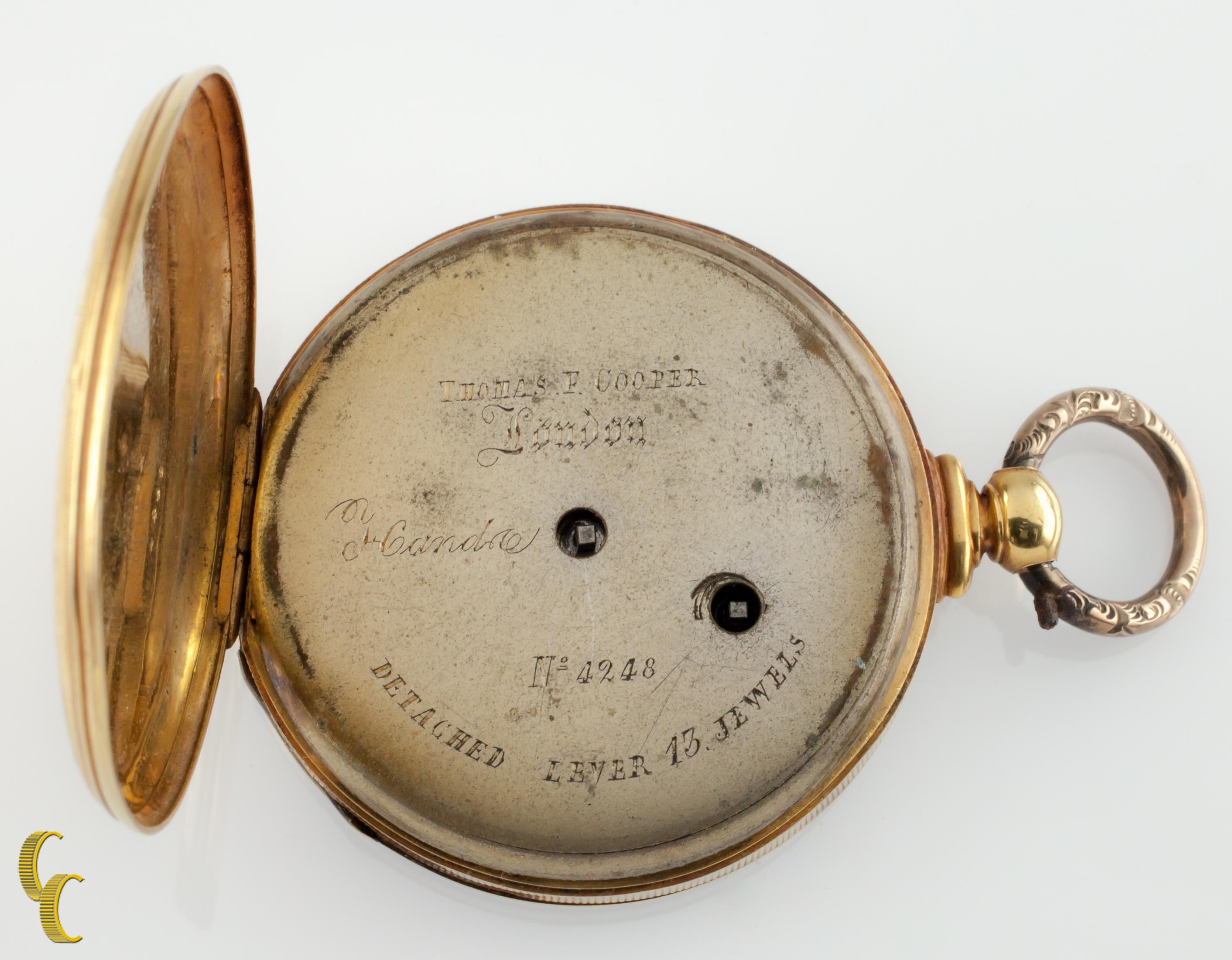 Women's or Men's Thomas Cooper London Key Operated 18k Yellow Gold Pocket Watch 13 Jewels For Sale