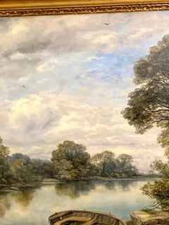 19th century Antique English river landscape with cottage and woman resting.
