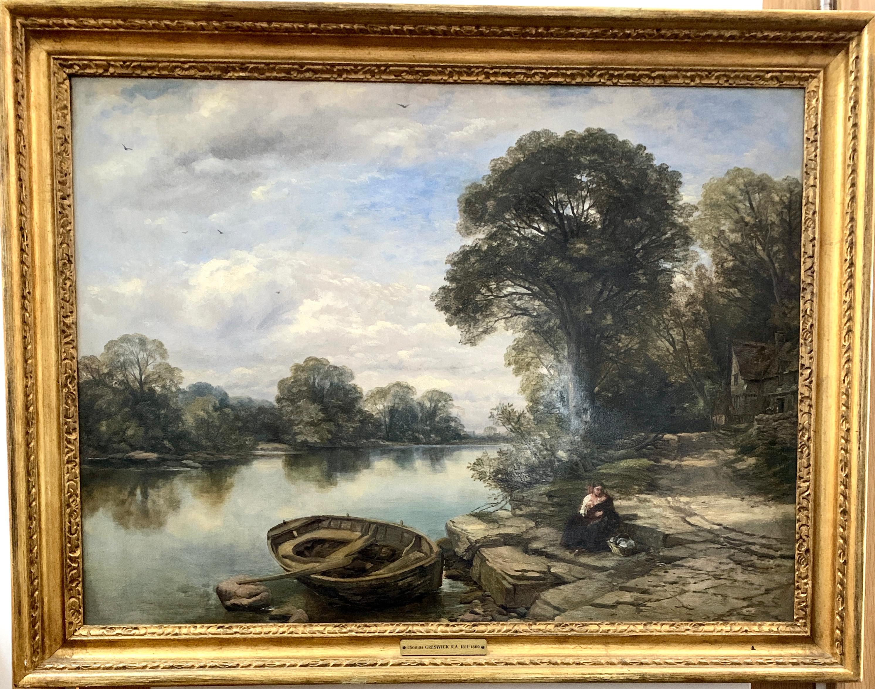 Thomas Creswick Landscape Painting - 19th century Antique English river landscape with cottage and woman resting.