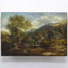 Paesaggio romantico britannico del XIX secolo con montagne e mulino ad acqua – Olio su tela