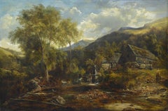 Paesaggio romantico britannico del XIX secolo con montagne e mulino ad acqua – Olio su tela