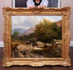 19th Century Welsh Landscape Oil Painting Thomas Creswick & Fishing in Snowdonia