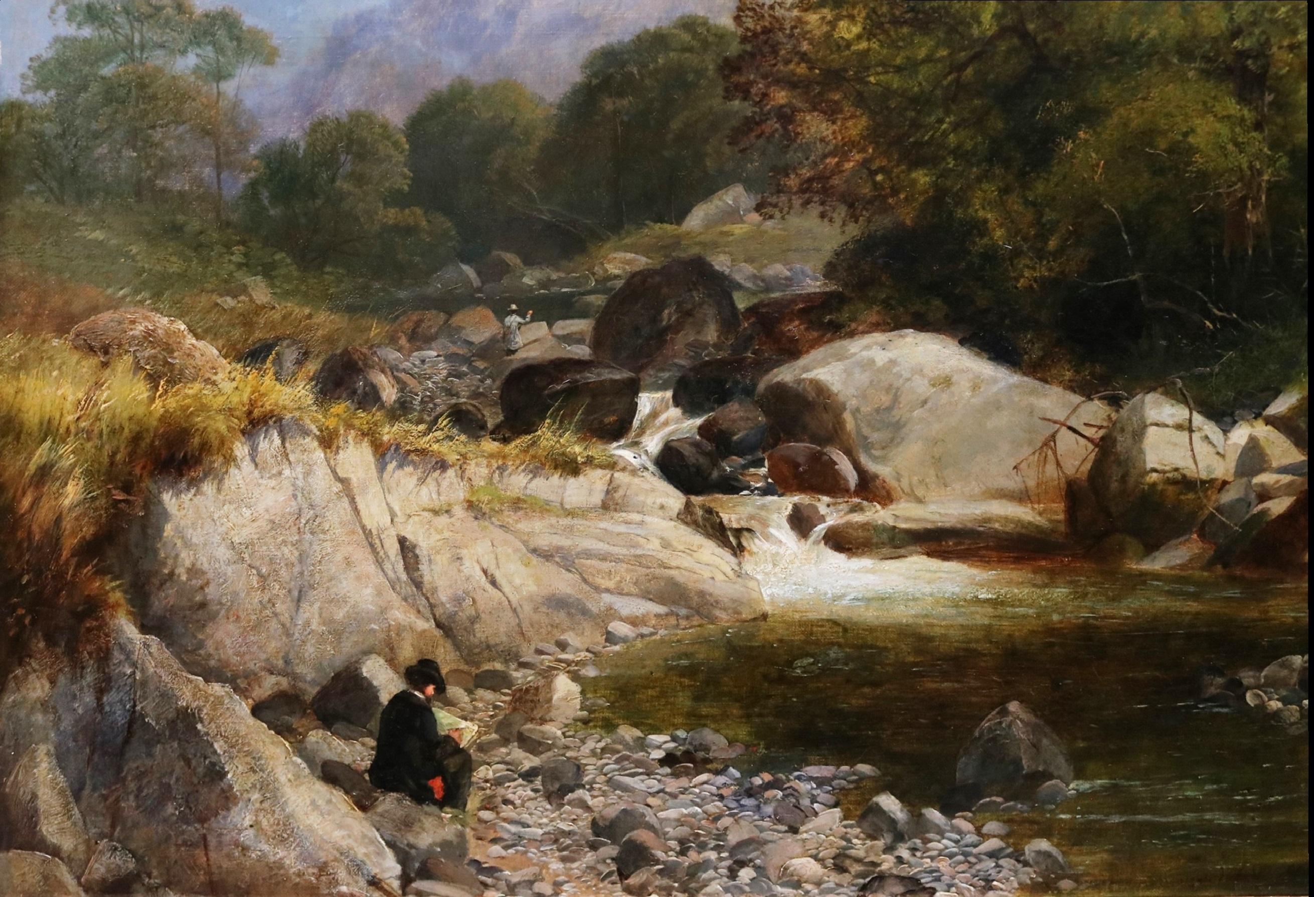 19th Century Welsh Landscape Oil Painting Thomas Creswick & Fishing in Snowdonia 1