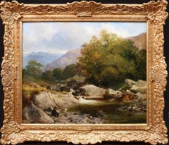 19th Century Welsh Landscape Oil Painting Thomas Creswick & Fishing in Snowdonia