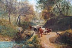 Drover with Cattle in Landscape - British Old Master animal art oil painting