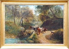 Drover with Cattle in Landscape - British Old Master animal art oil painting