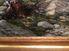 Extensive River landscape in Wales with a lady and her dog seated by the river