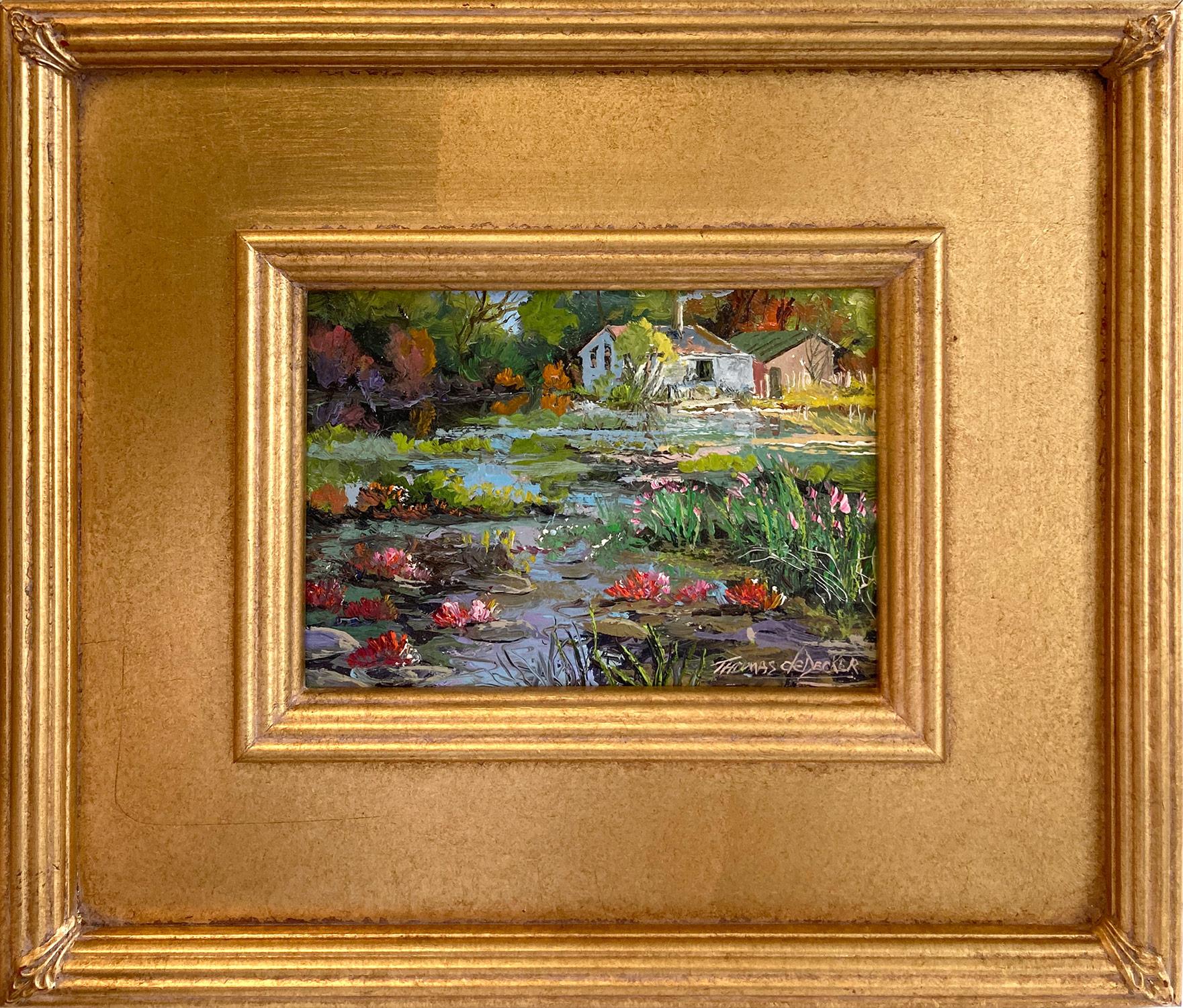 Landscape Painting de Thomas deDecker - "Estudio de artista - Estanque" Pintura al óleo de coloridos paisajes impresionistas sobre tabla