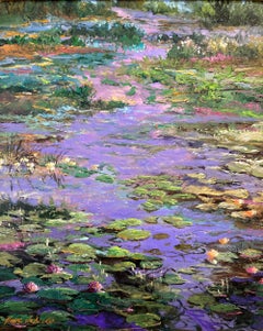 "Pond Flowers Arrangement" Impressionist Landscape Oil Painting on Board Framed