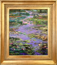 "Pond Flowers Arrangement" Impressionist Landscape Oil Painting on Board Framed