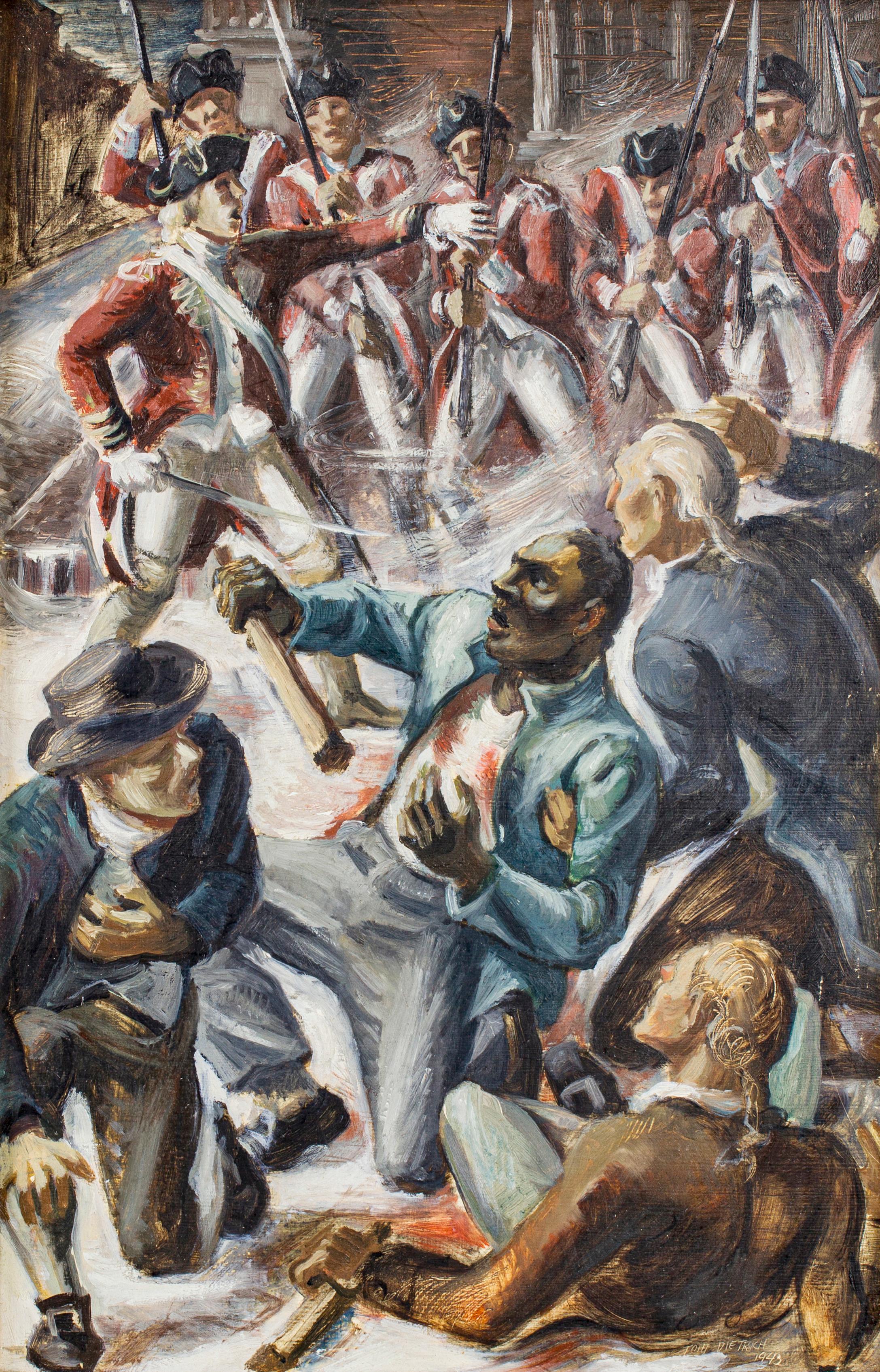 Thomas M. Dietrich 1912-1998
The Death of Crispus Attucks, 1943
Tempera and oil on board
21 x 15 inches
Signed and dated: Tom Dietrich 1943

Thomas M. Dietrich was an artist in residence at Lawrence College for 30 years and painted in the American