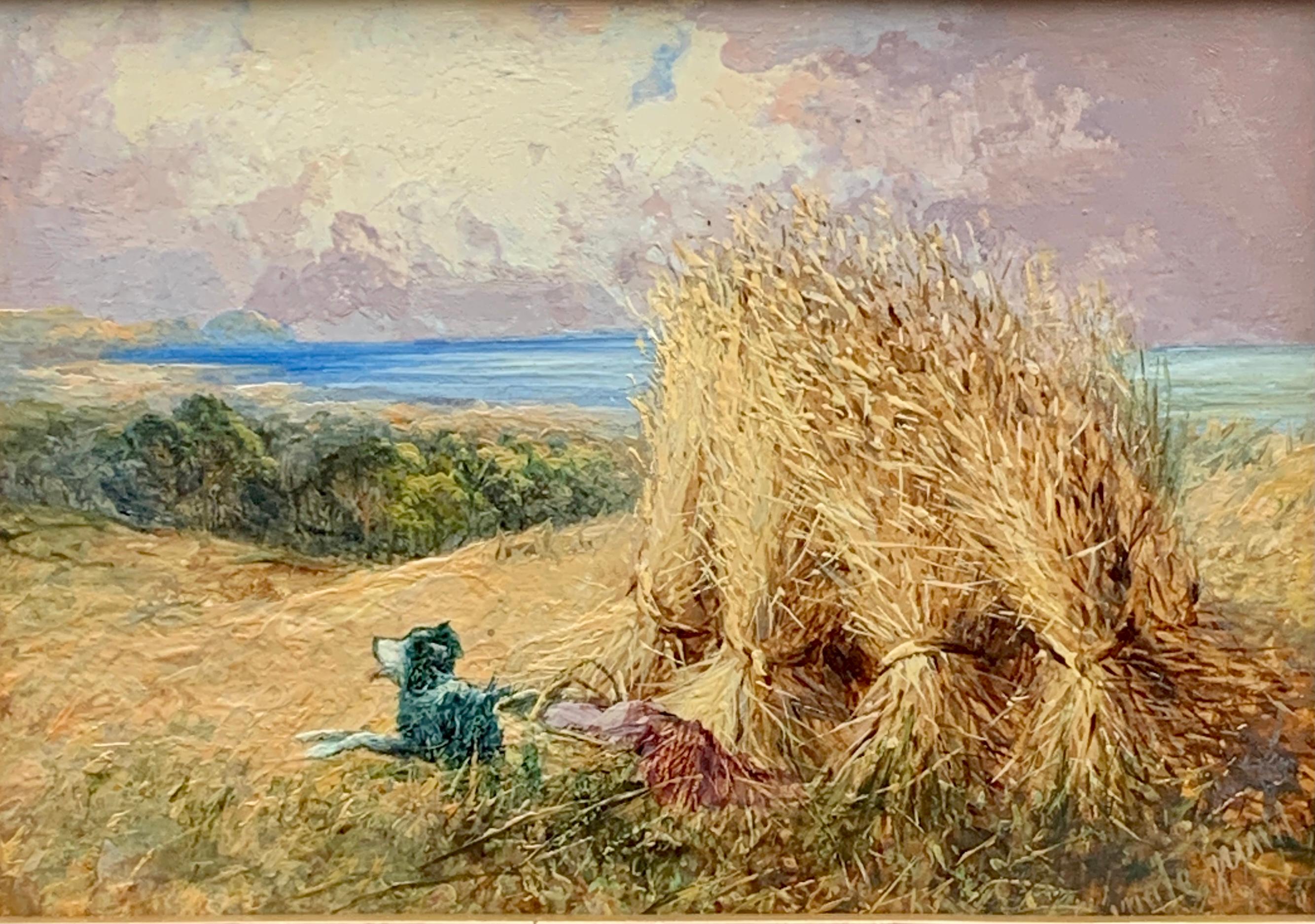 Antique English Harvest landscape with corn stacks, dog and view of the sea - Painting by Thomas Dingle Junior